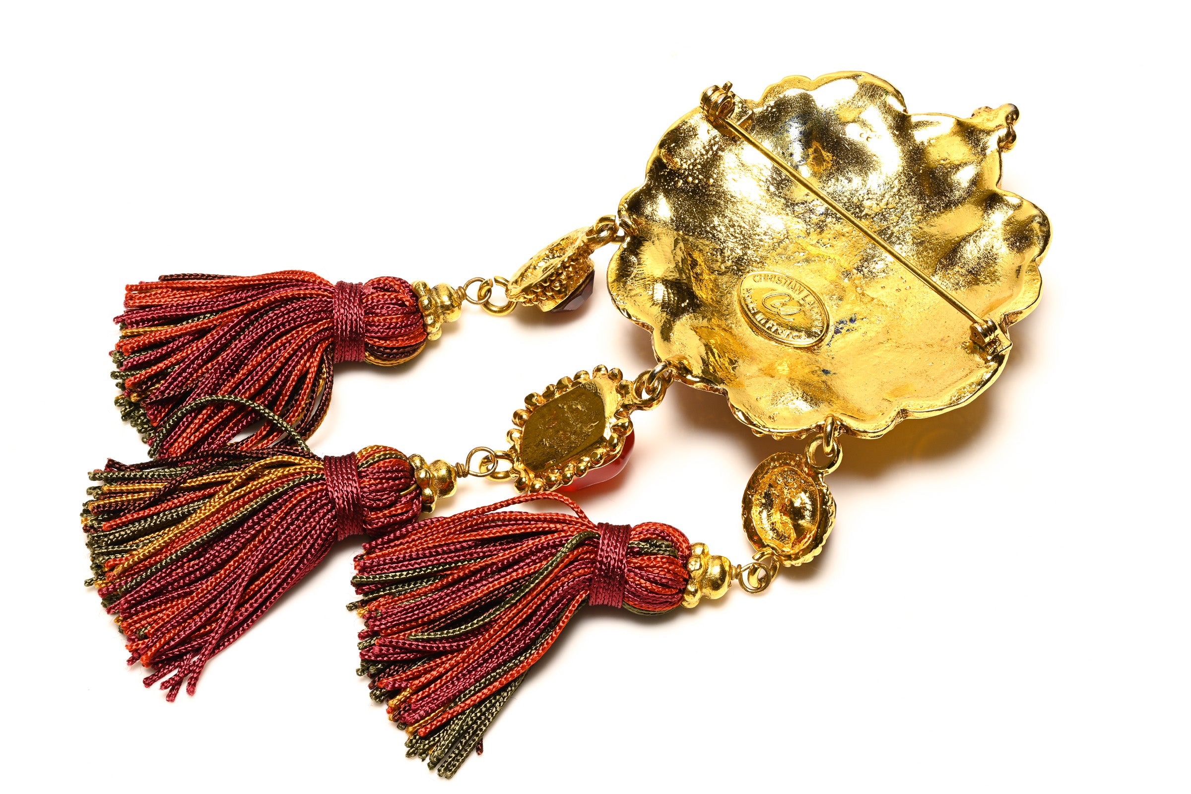 Vintage Christian Lacroix Couture Purple Orange Crystal Tassel Brooch 3