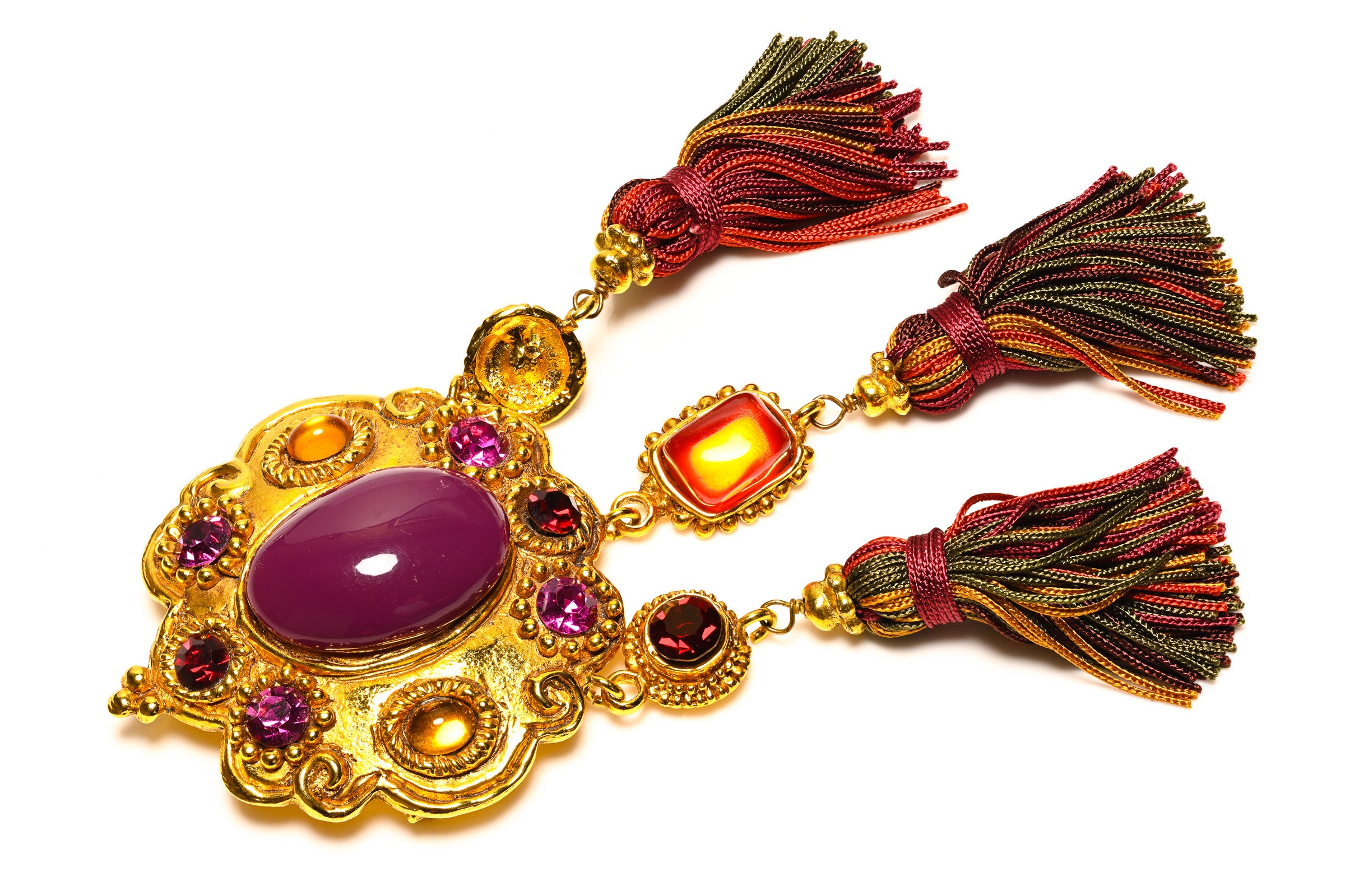 Vintage Christian Lacroix Couture Purple Orange Crystal Tassel Brooch 1