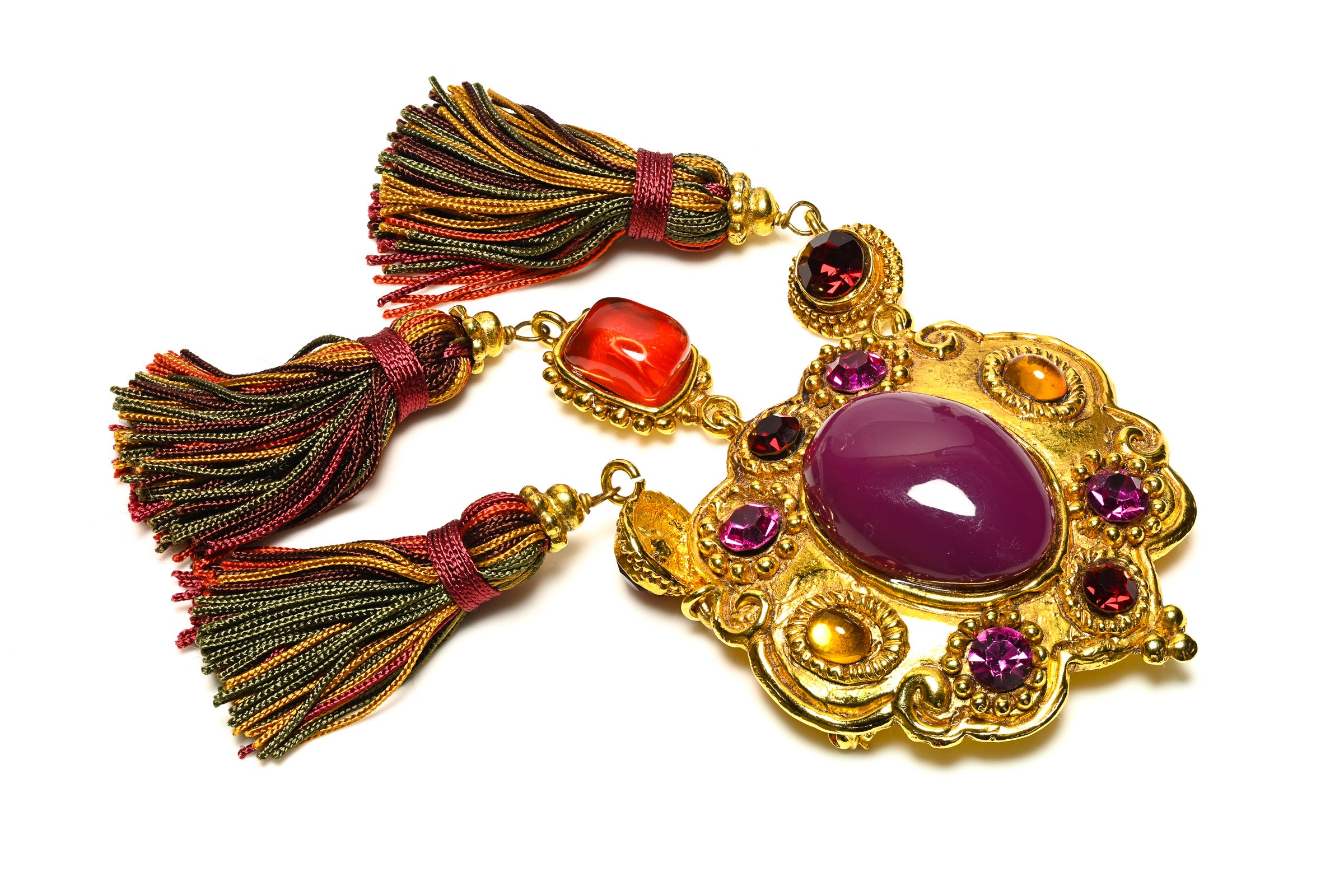 Vintage Christian Lacroix Couture Purple Orange Crystal Tassel Brooch 2
