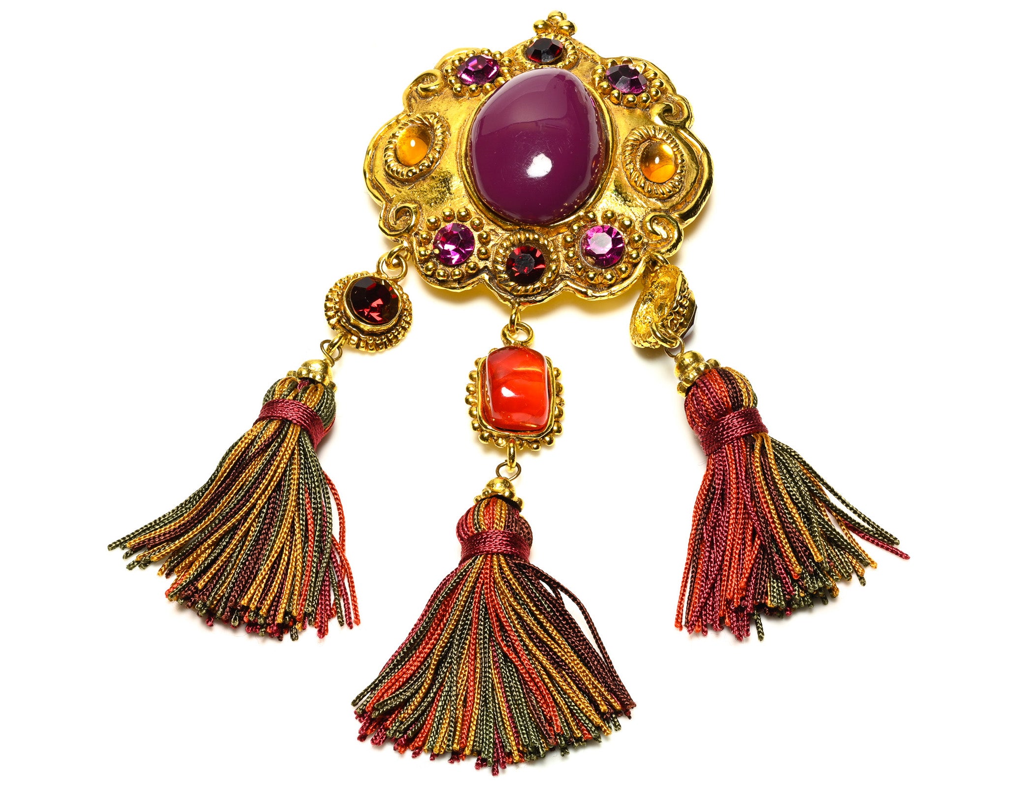 Vintage Christian Lacroix Couture Purple Orange Crystal Tassel Brooch