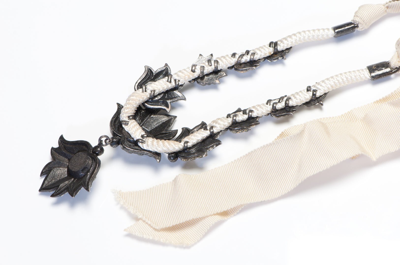 Lanvin Paris Champagne Crystal White Ribbon Flower Necklace