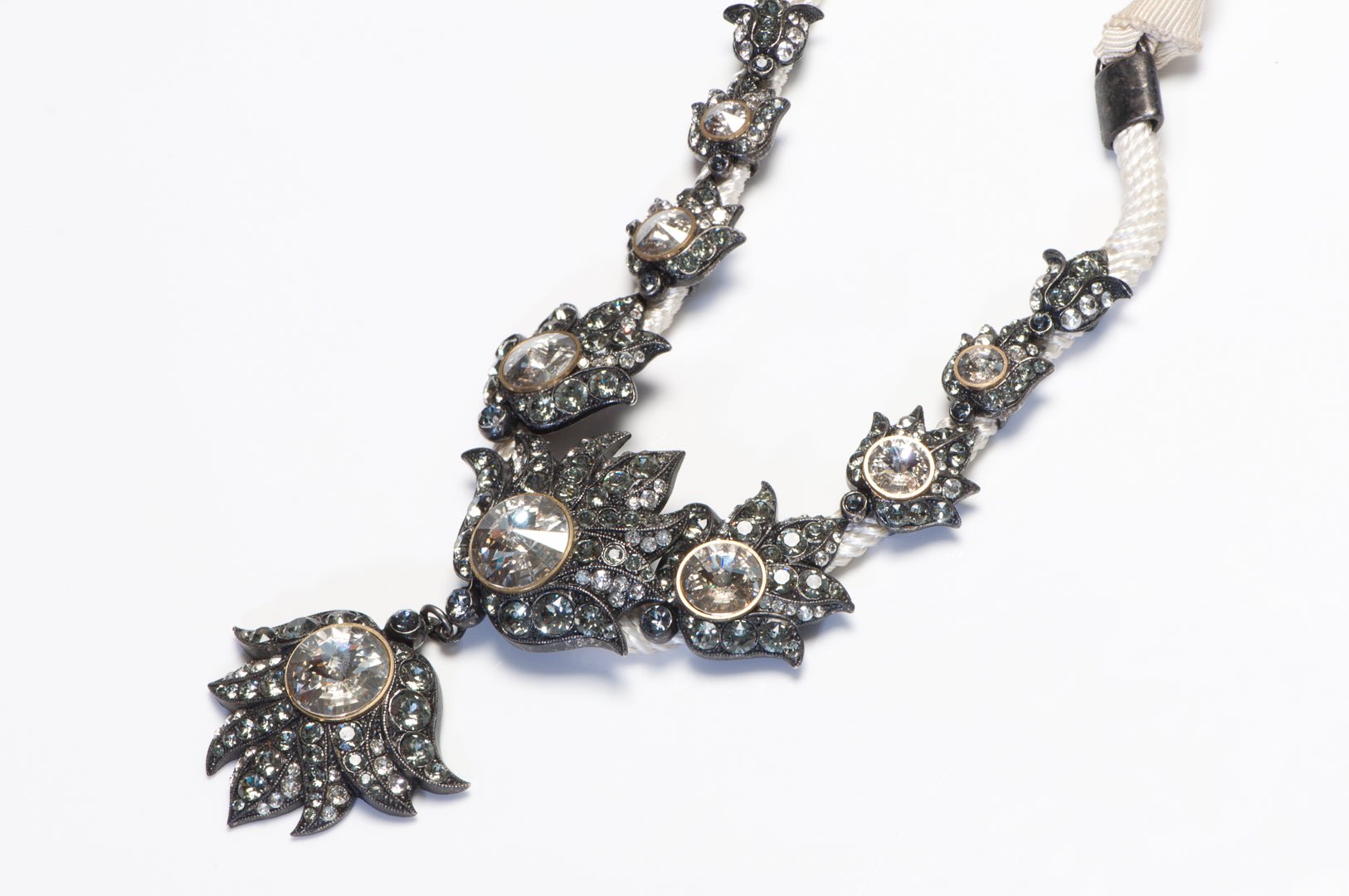 Lanvin Paris Champagne Crystal White Ribbon Flower Necklace