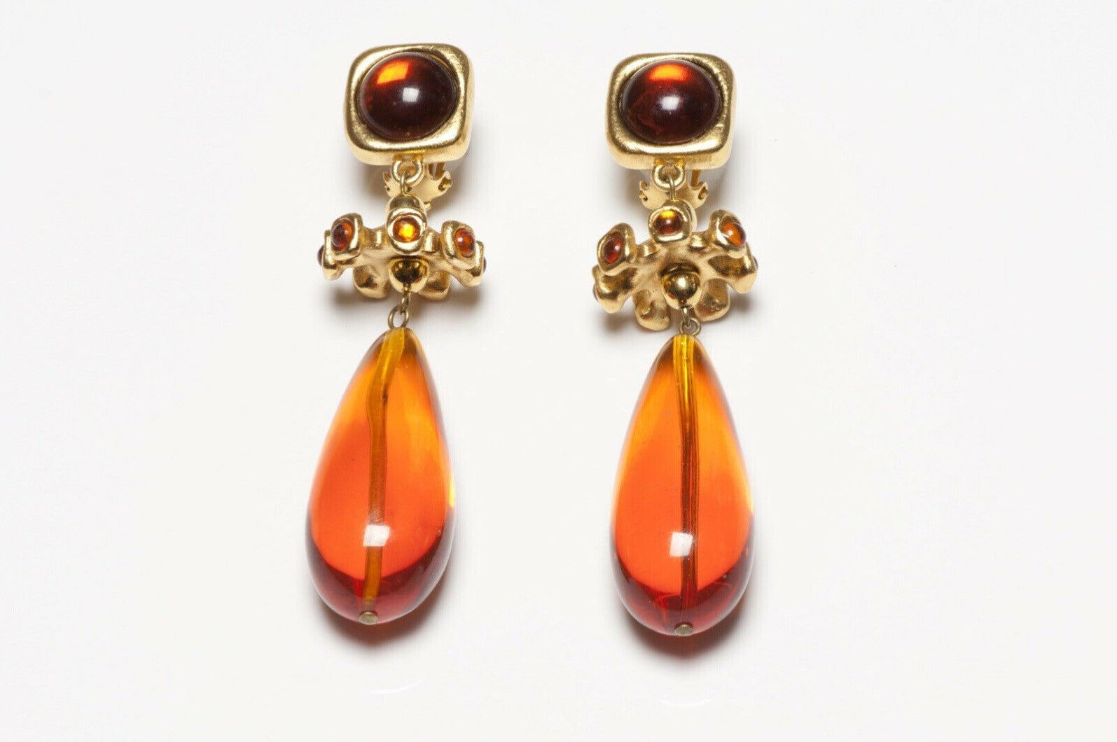LANVIN Paris Faux Amber Brown Cabochon Lucite Drop Earrings