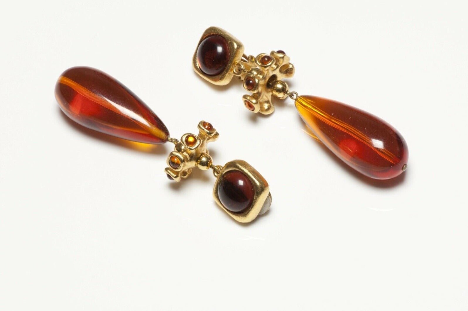 LANVIN Paris Faux Amber Brown Cabochon Lucite Drop Earrings