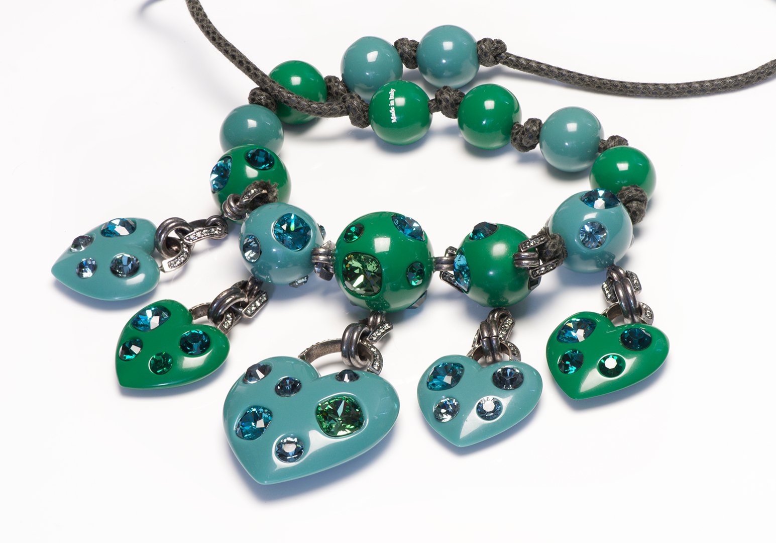 Lanvin Paris Green Blue Crystal Heart Charm Collar Necklace