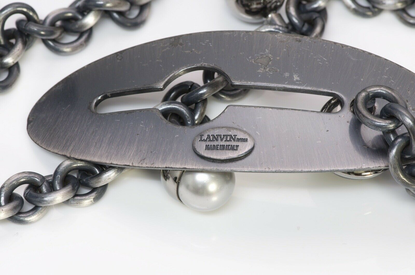 LANVIN Paris Pearl Beads Silver Tone Chain Belt