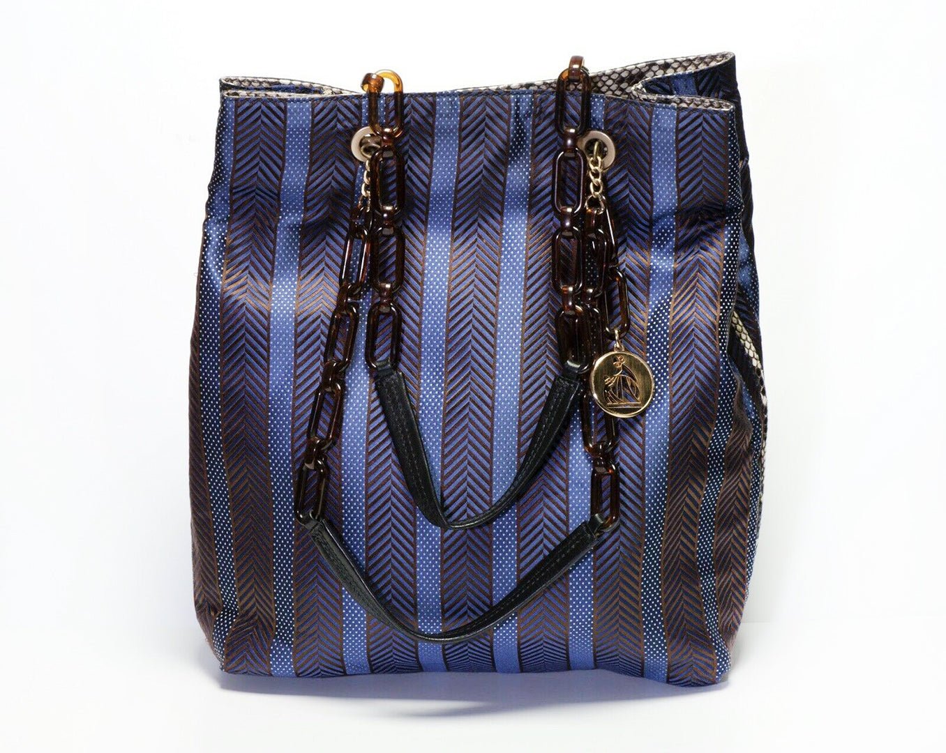 LANVIN Paris Purple Striped Satin Snakeskin Trim Women’s Tote Bag