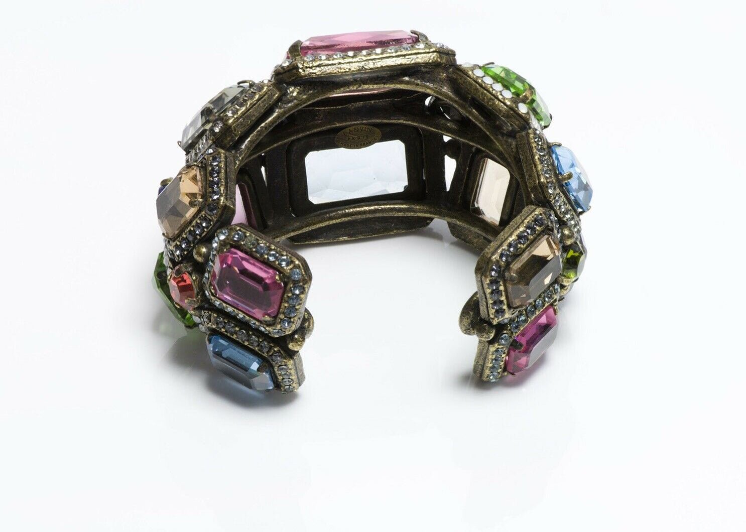 LANVIN Paris Tutti Frutti Wide Pink Blue Green Crystal Cuff Bracelet