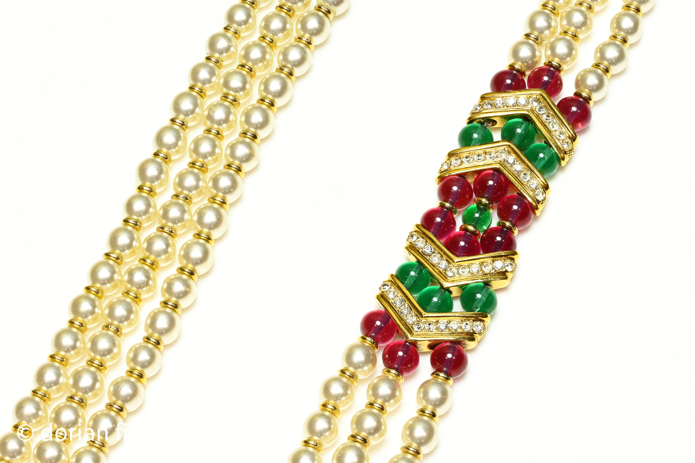Vintage Lanvin Paris Pearl Red Green Glass Beads Sautoir Necklace