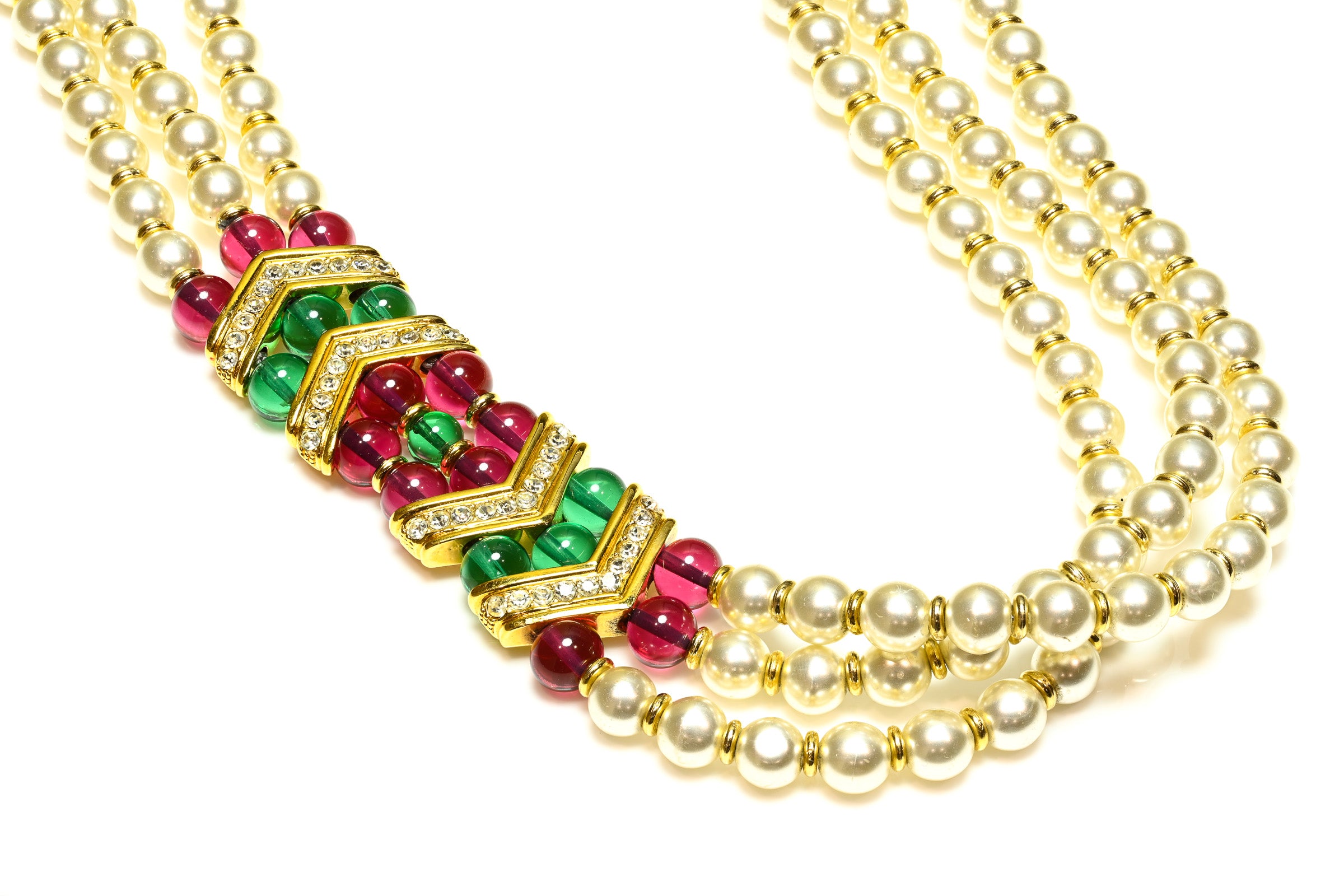 Vintage Lanvin Paris Pearl Red Green Glass Beads Sautoir Necklace1