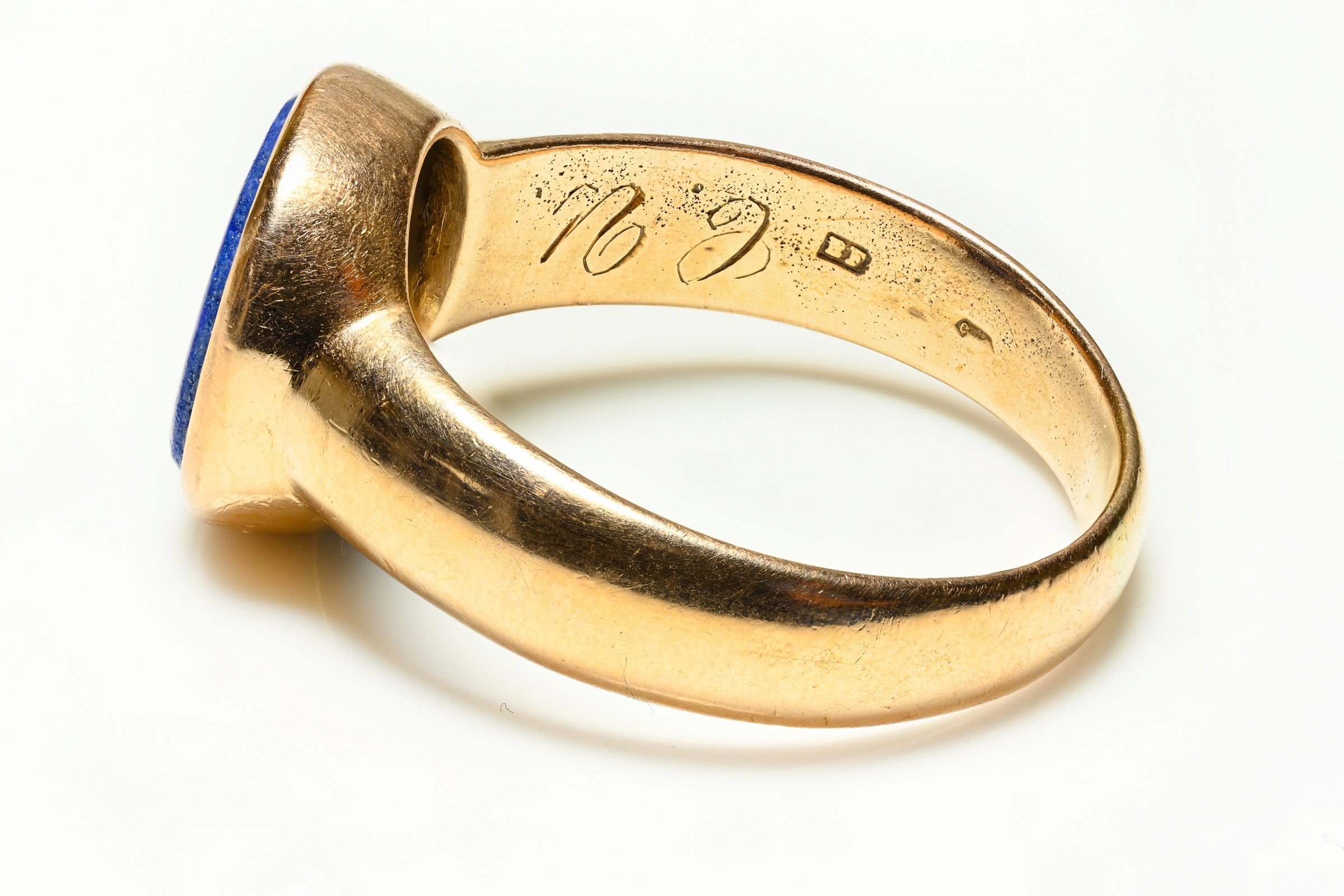 Antique Yellow Gold Lapis Crest Men's Ring