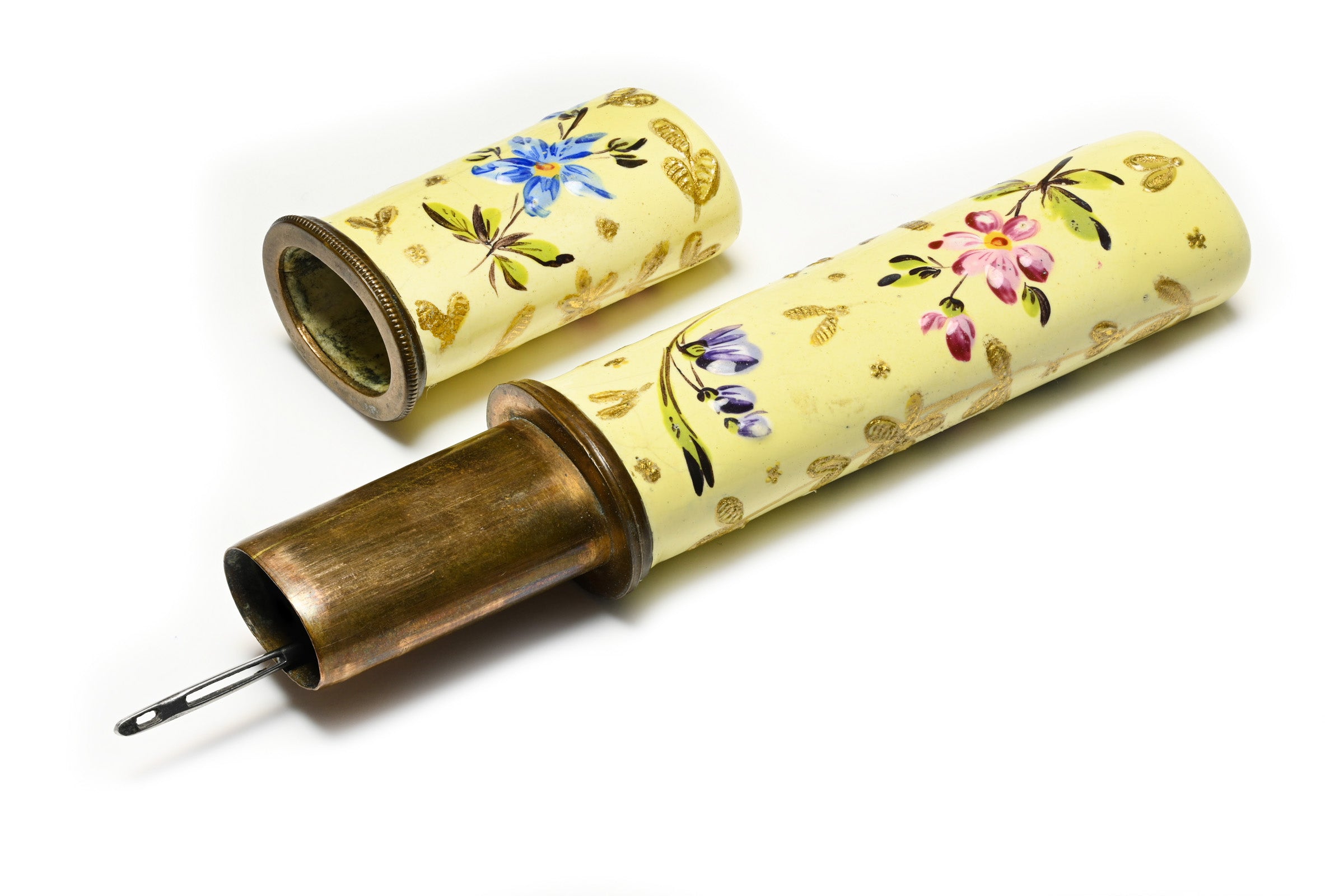 Antique Late 18th Century Brass and Enamel Etui with Original Needle