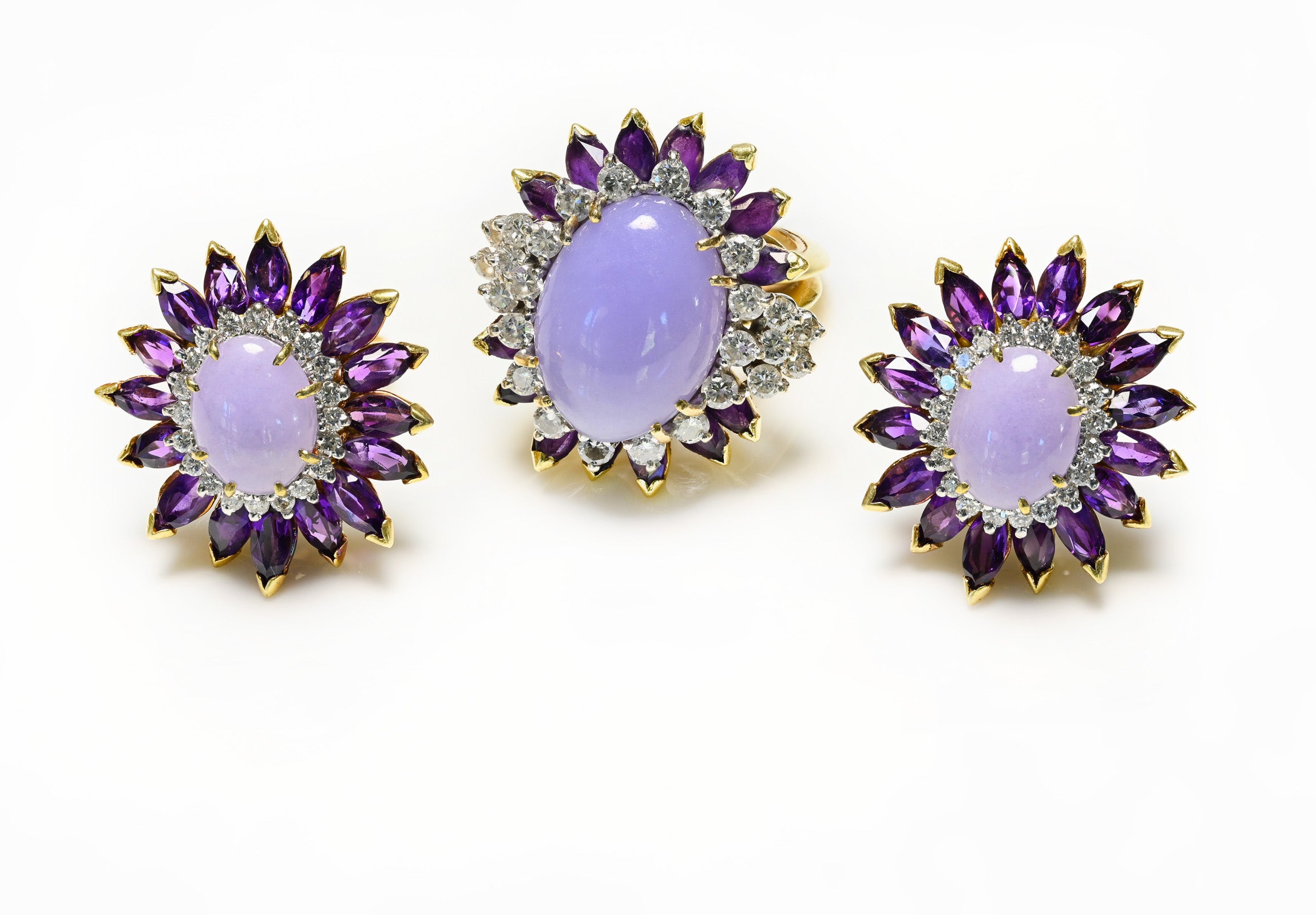La Triomphe 18K Gold Purple Jade Amethyst Diamond Earrings Ring