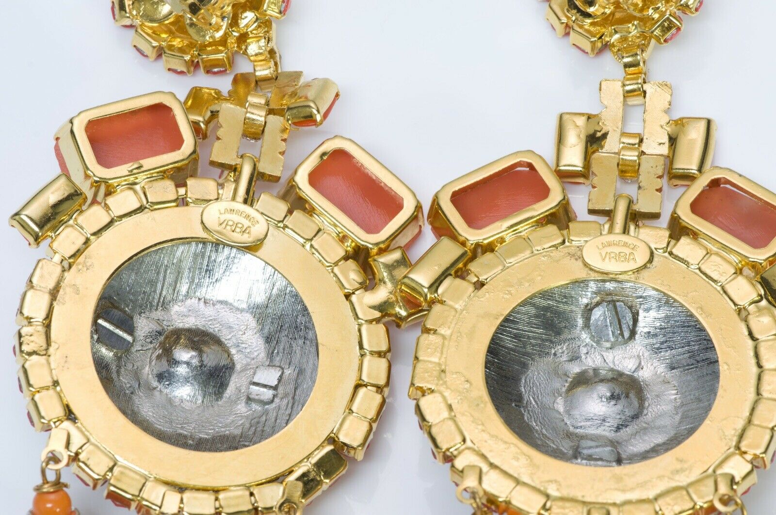 Lawrence VRBA Faux Orange Coral Crystal Long Tassel Earrings