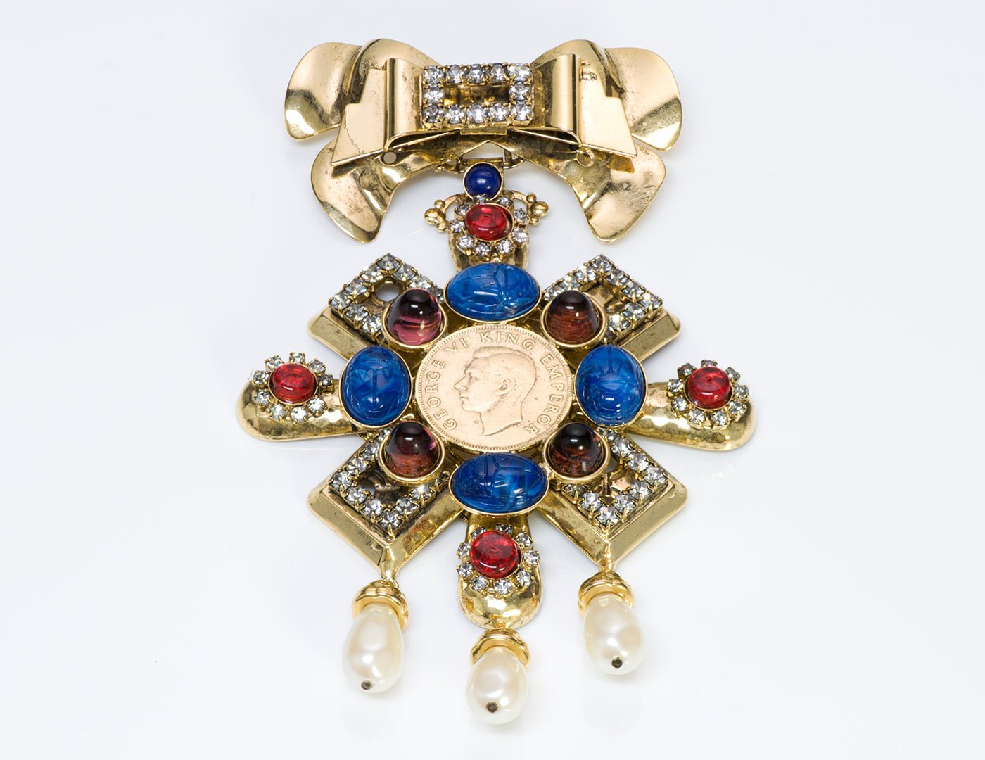Lawrence VRBA Glass Blue Scarab Coin Bow Crystal Brooch