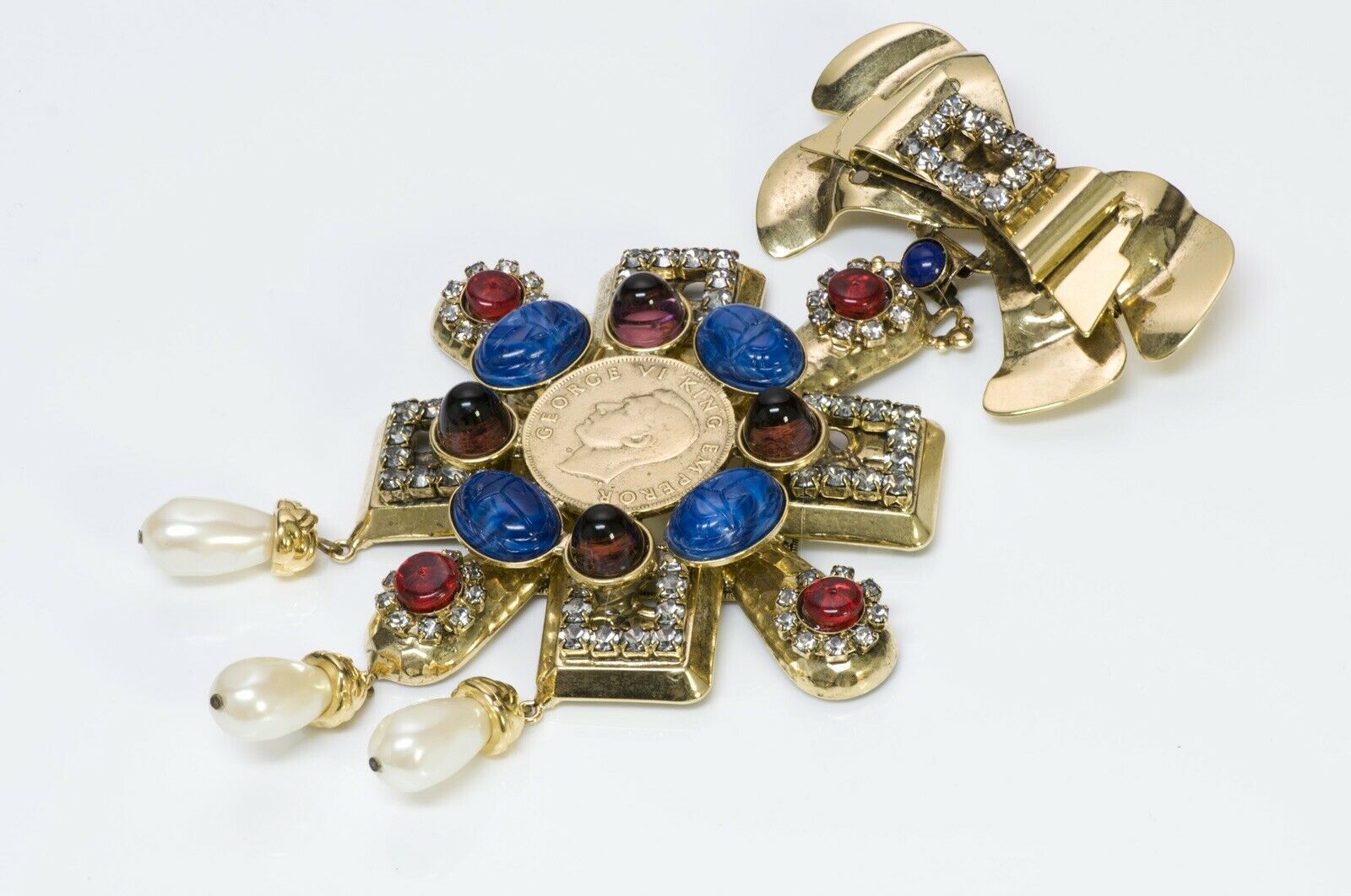 Lawrence VRBA Glass Blue Scarab Coin Bow Crystal Brooch