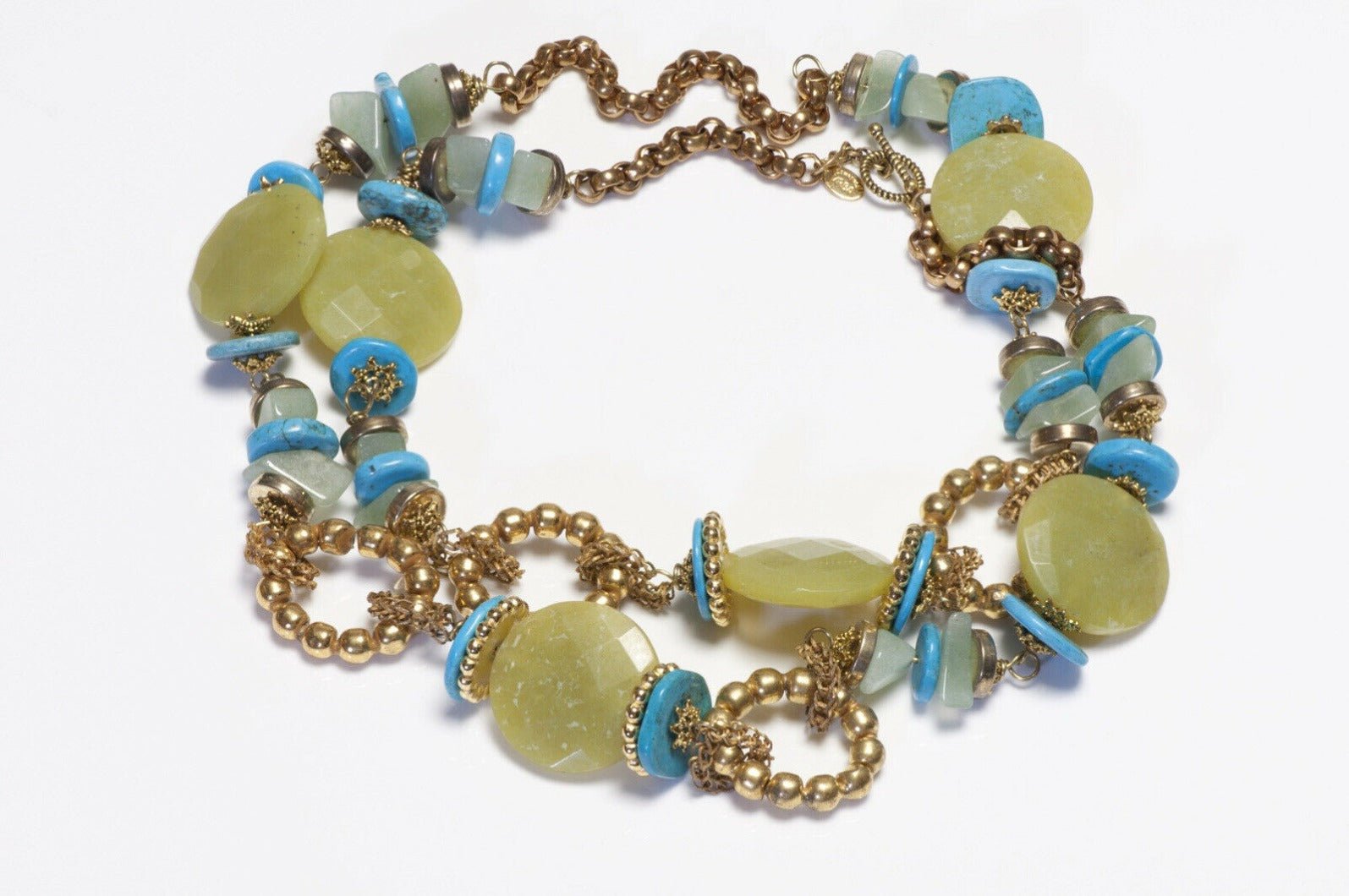 Lawrence Vrba Green Agate Blue Turquoise Beads Chain Necklace