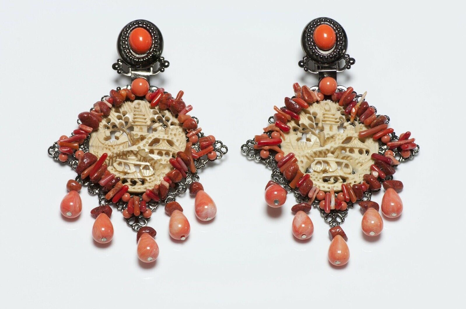 Lawrence VRBA Orange Carved Asian Style Earrings