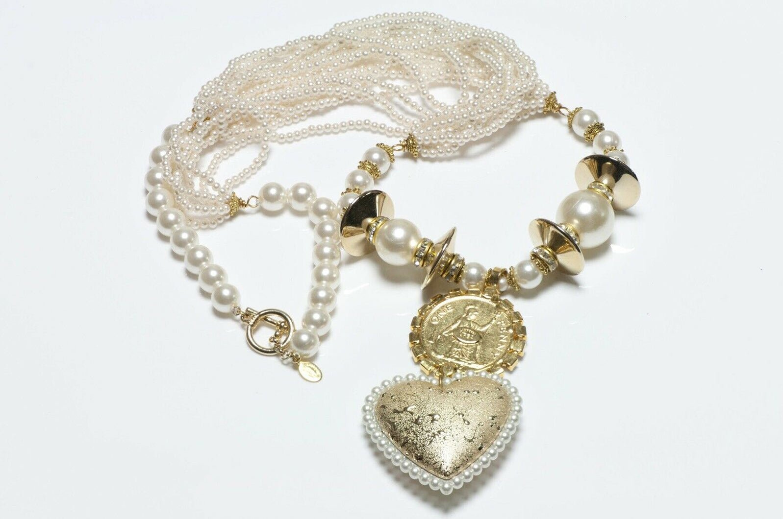 Lawrence VRBA Pearl Crystal Coin Heart Pendant Necklace