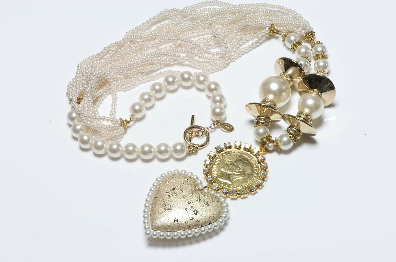 Lawrence VRBA Pearl Crystal Coin Heart Pendant Necklace
