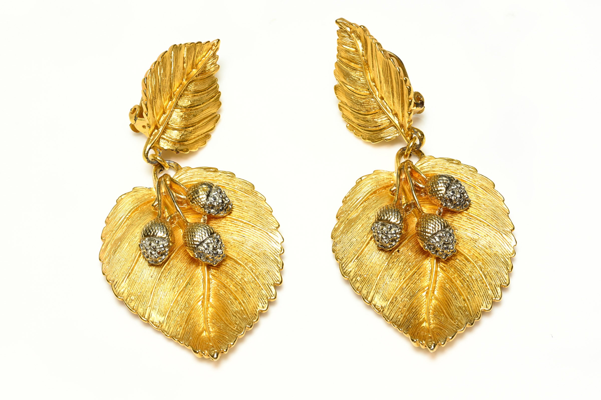 Vintage 1990's Gold Plated Acorn Crystal Leaf Drop Earrings