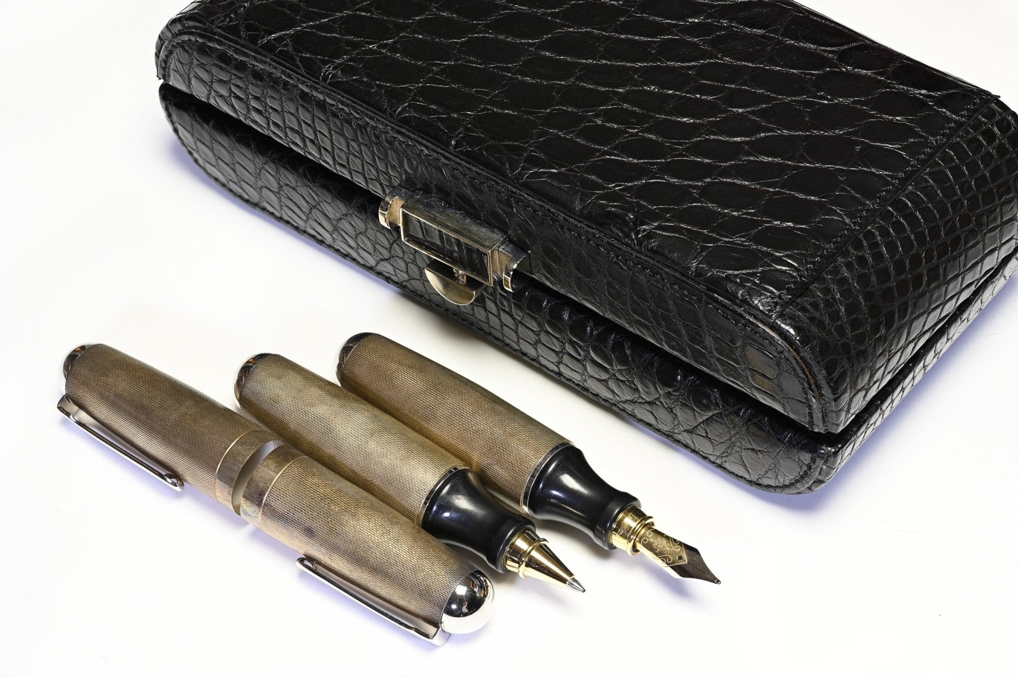 Limited Edition Harrison James Black Crocodile Sterling Silver Fountain Ball Pen Set