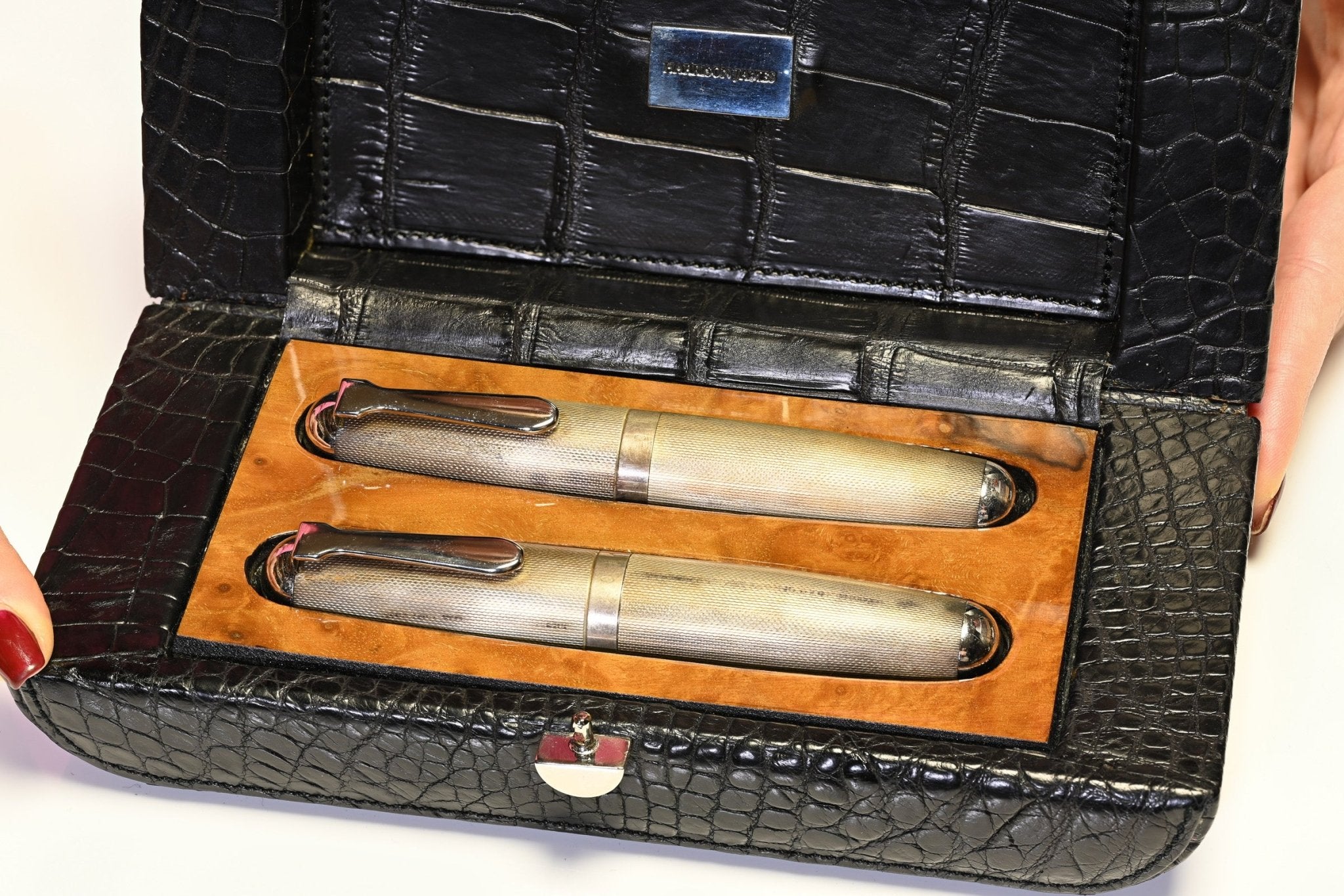 Limited Edition Harrison James Black Crocodile Sterling Silver Fountain Ball Pen Set