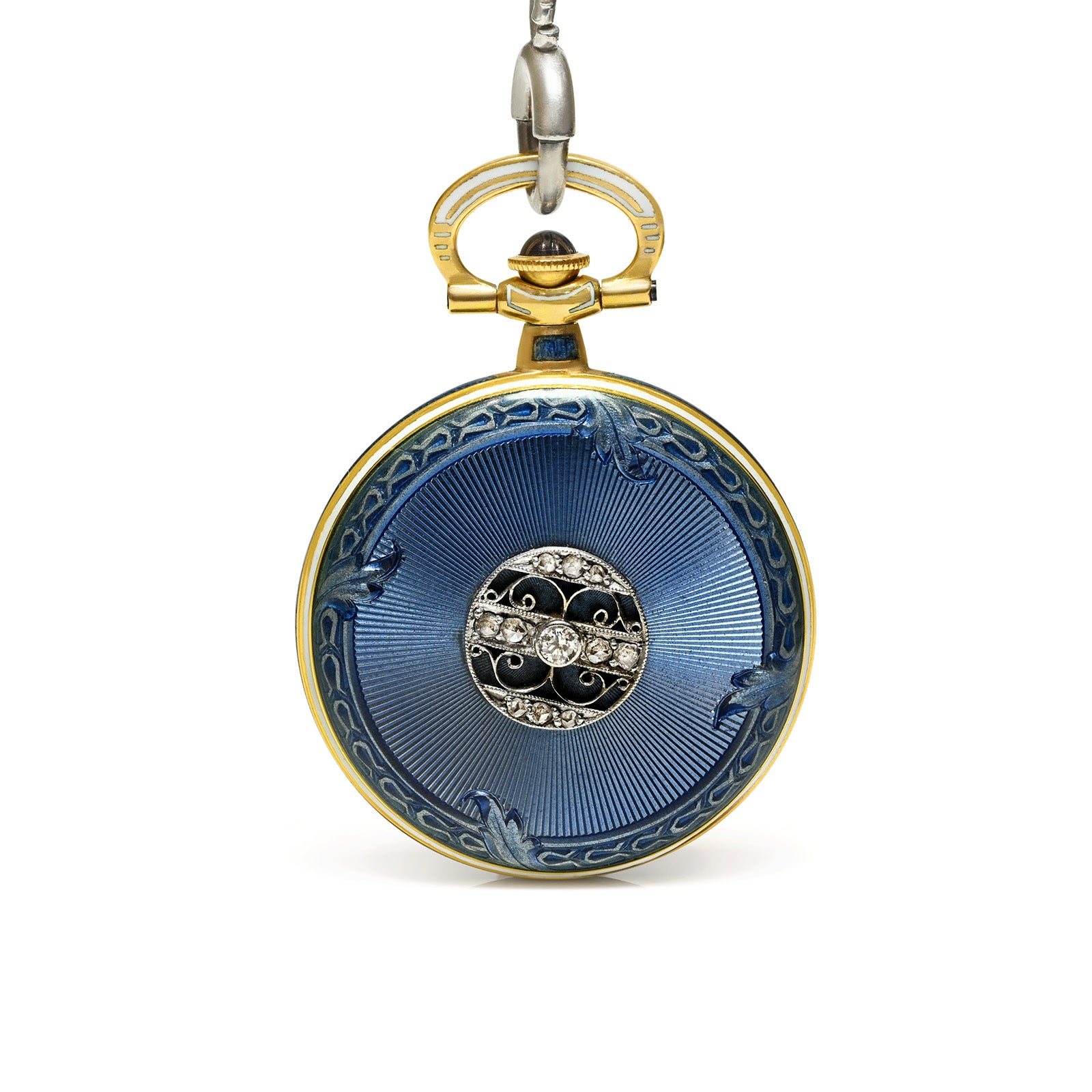 Edwardian Longines Platinum & Gold Diamond Enamel Pendant Watch with Chain