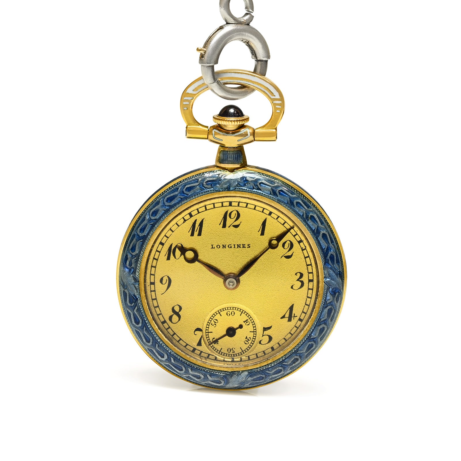 Edwardian Longines Platinum & Gold Diamond Enamel Pendant Watch with Chain