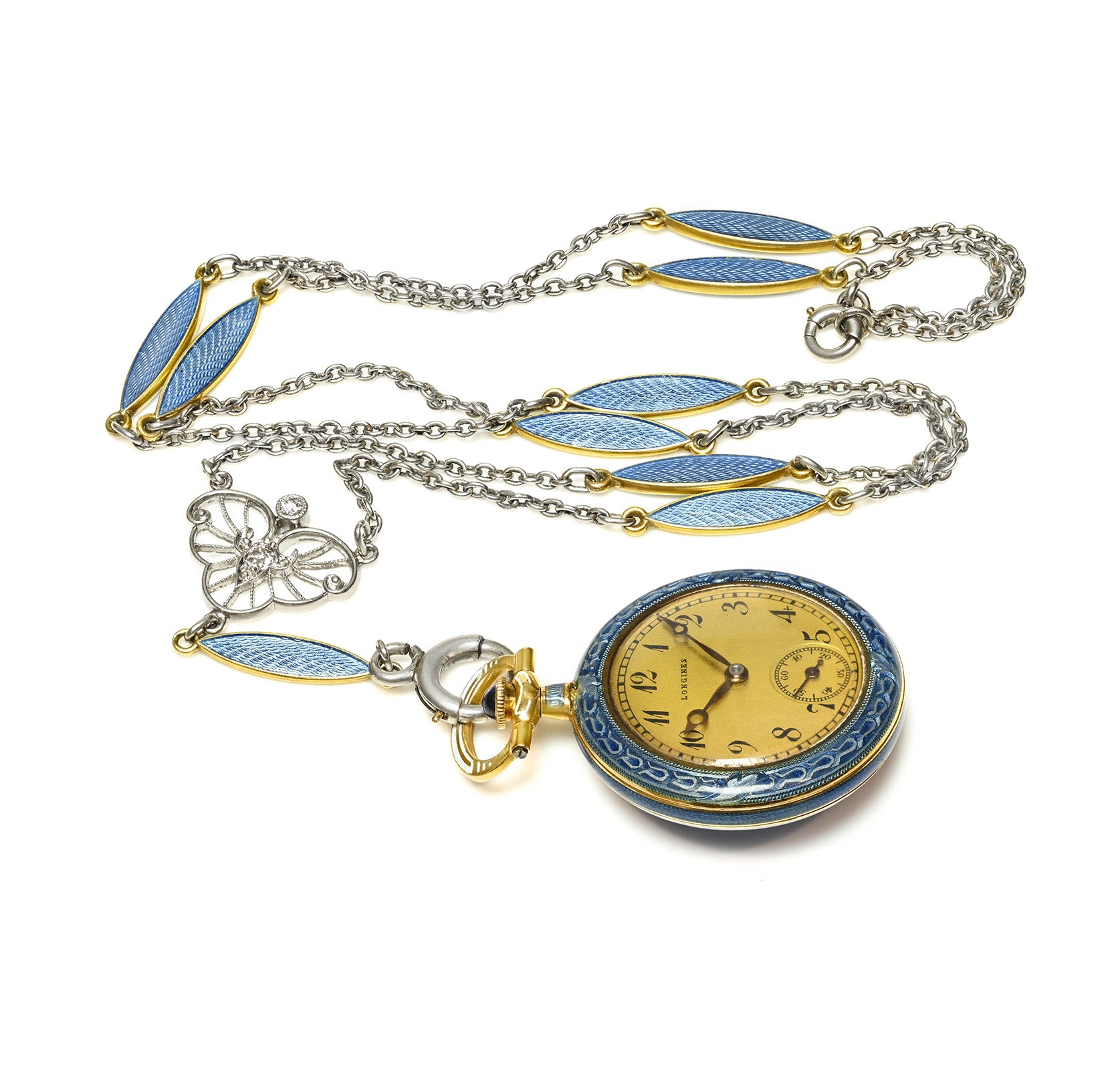 Edwardian Longines Platinum & Gold Diamond Enamel Pendant Watch with Chain