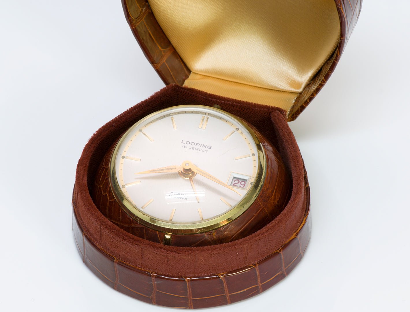 Looping Swiss Alarm Desk Clock 8 Days 15 Jewels Crocodile Case