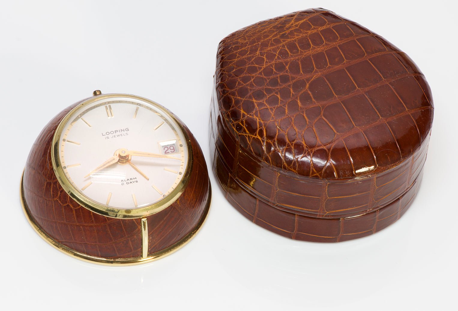 Looping Swiss Alarm Desk Clock 8 Days 15 Jewels Crocodile Case