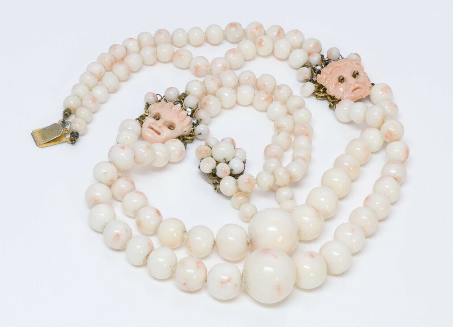 Louis Rousselet 1950’s Faux Coral Beads Masks Strand Necklace