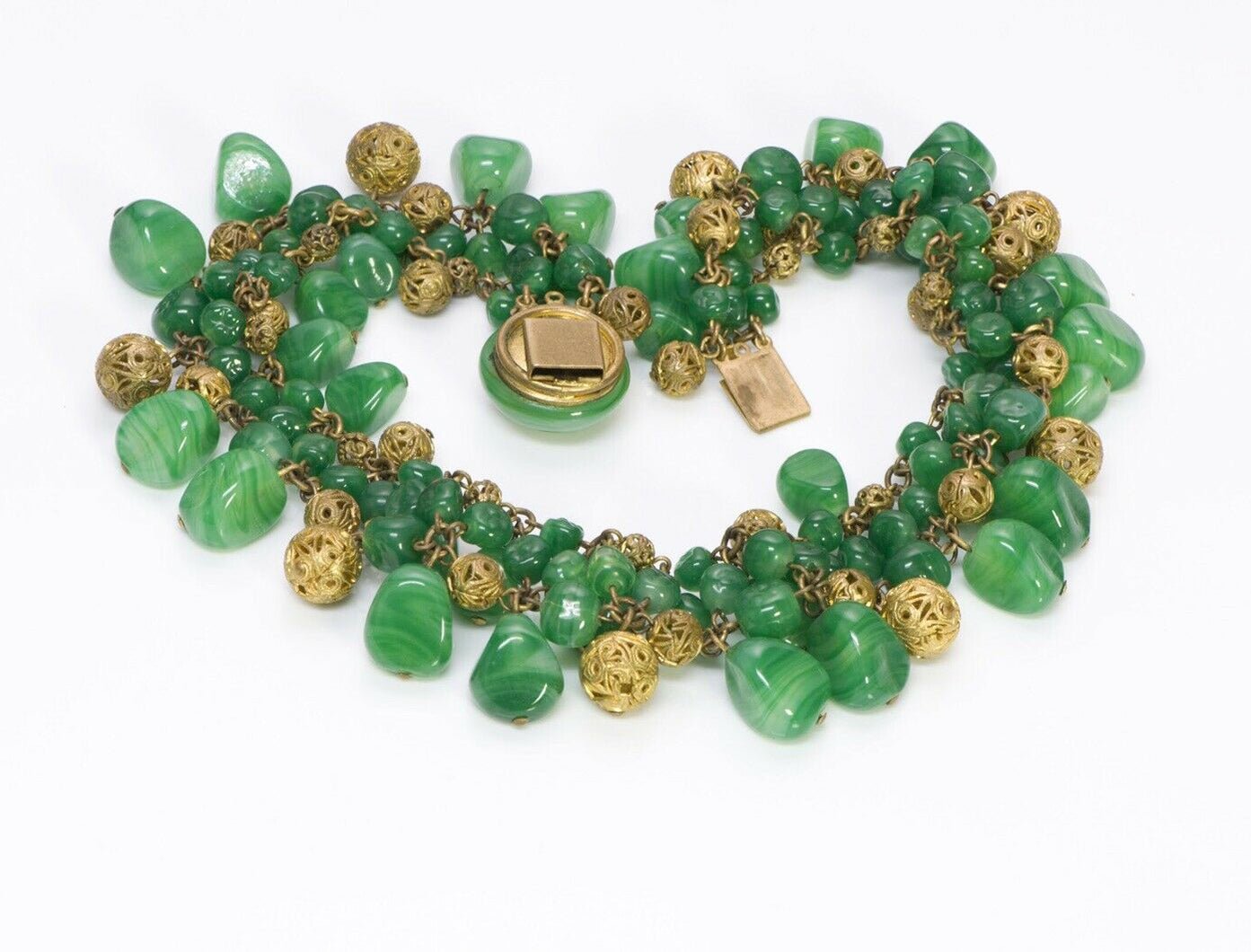 Louis Rousselet Paris 1950’s Green Glass Brass Filigree Collar Necklace