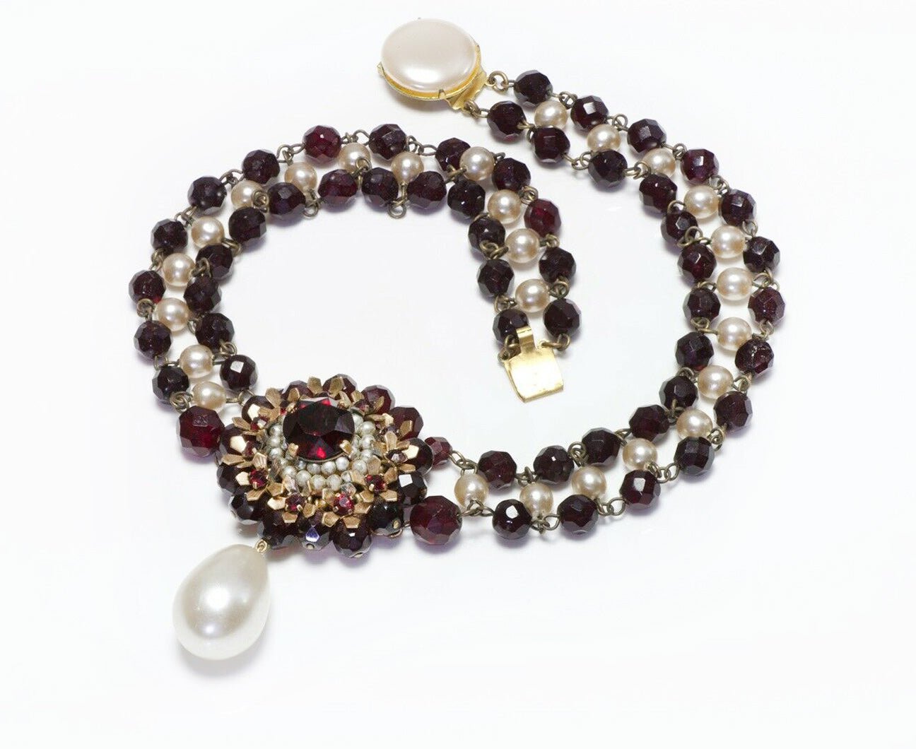 Louis Rousselet Paris 1950’s Red Glass Beads Pearl Necklace