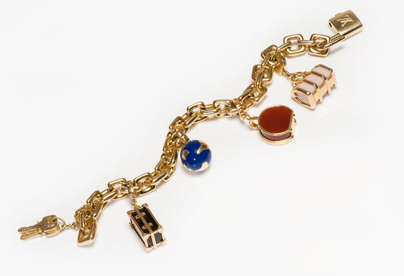 Louis Vuitton 18K Gold Luggage Padlock Charm Chain Bracelet