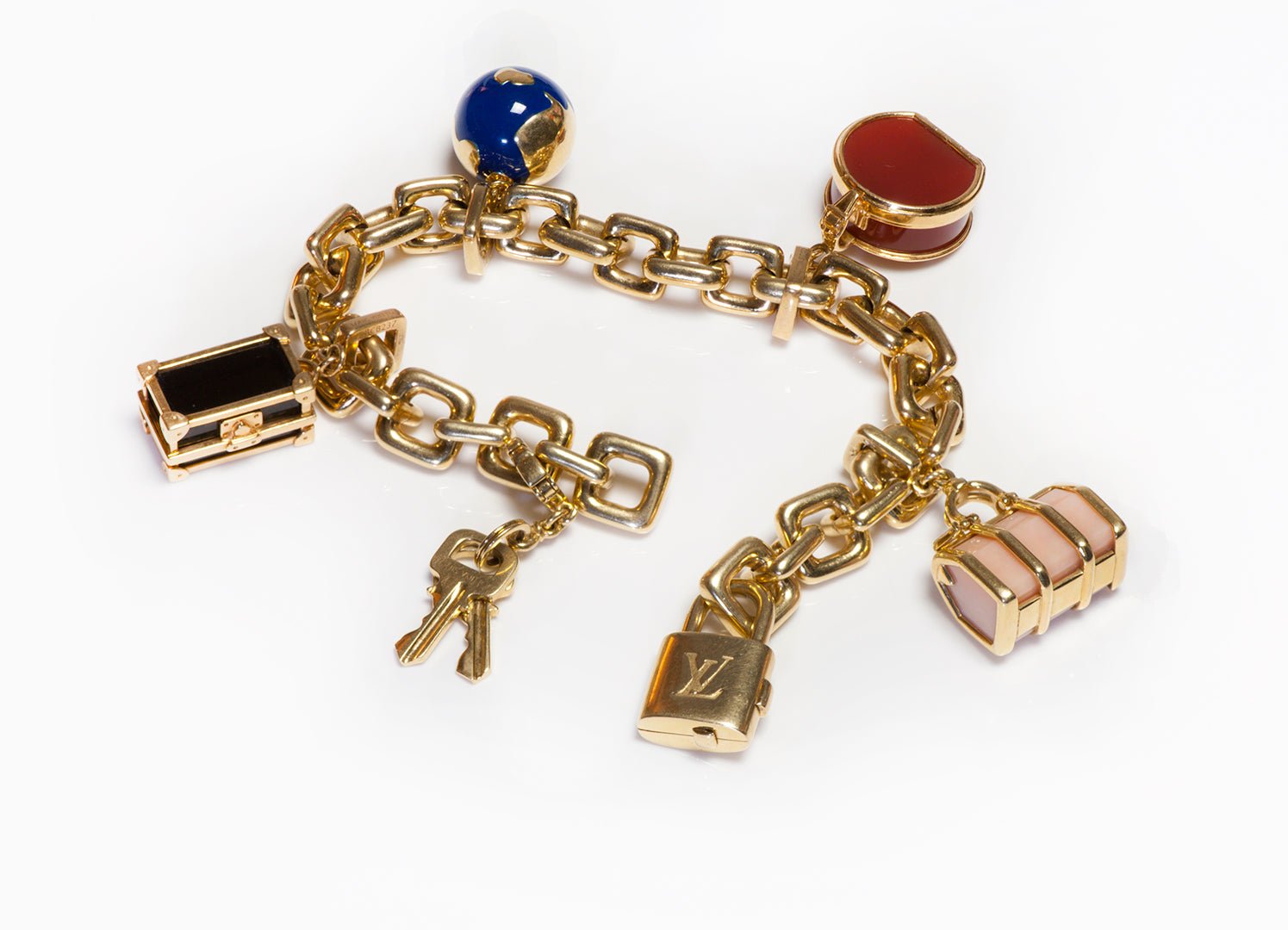 Louis Vuitton 18K Gold Luggage Padlock Charm Chain Bracelet