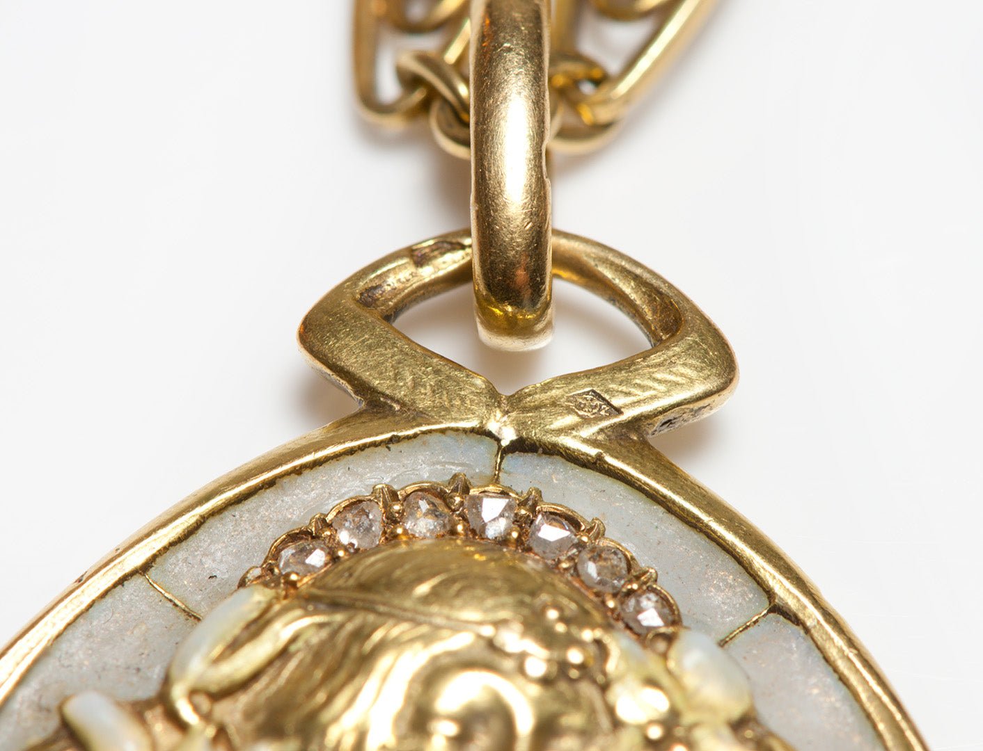 Louis Zorra Art Nouveau 18K Gold Plique a Jour Enamel Diamond Peridot Pearl Pendant & Chain