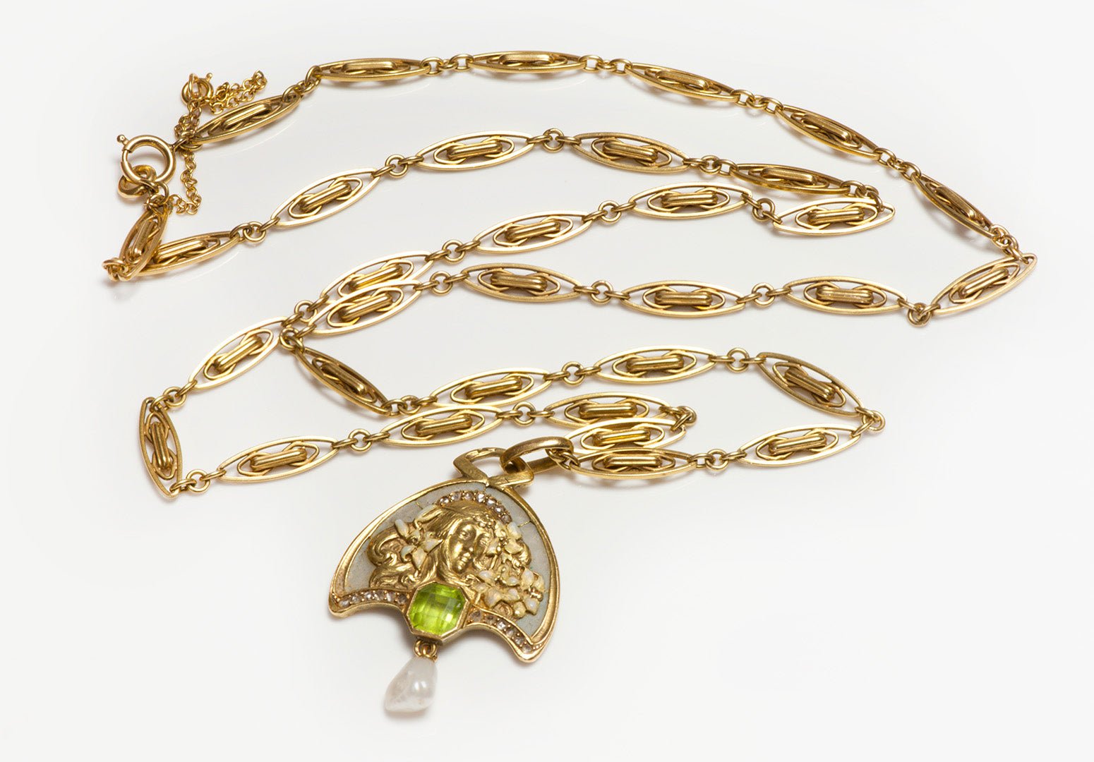 Louis Zorra Art Nouveau 18K Gold Plique a Jour Enamel Diamond Peridot Pearl Pendant & Chain