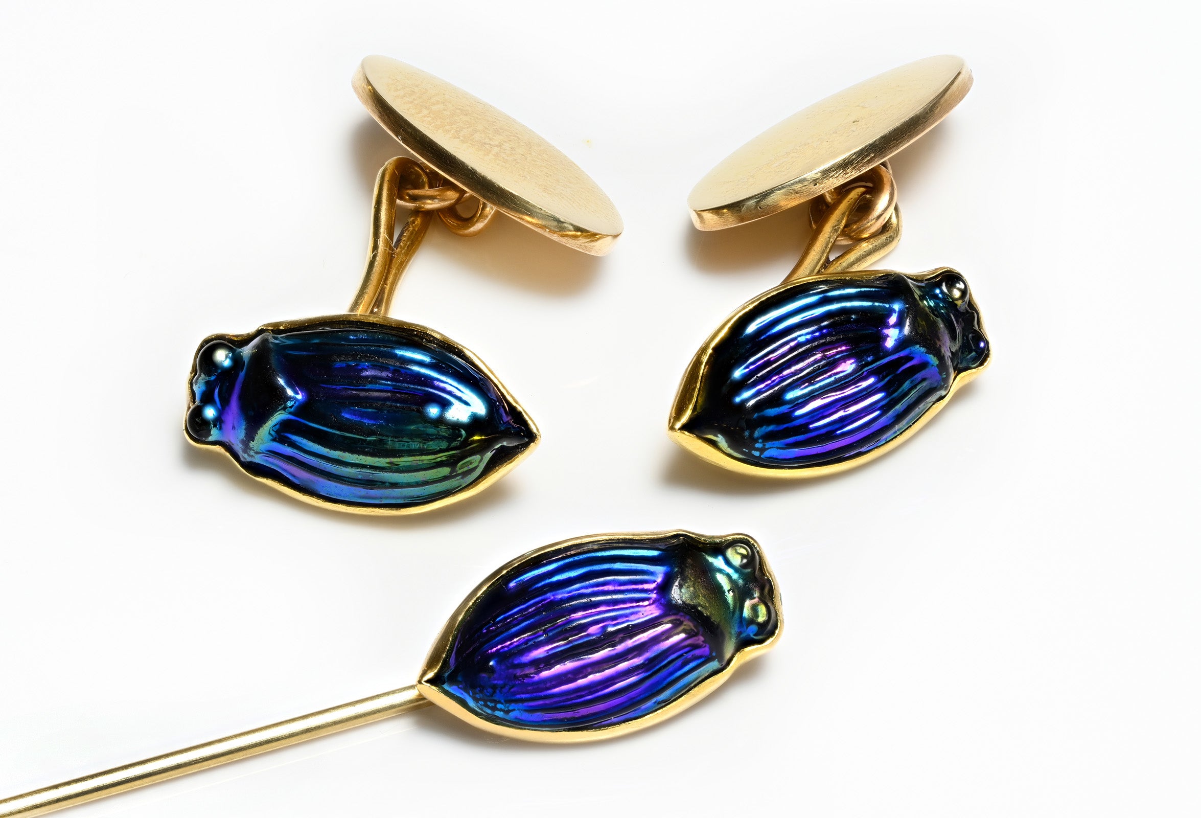 Louis Comfort Tiffany Gold Scarab Stick Pin Cufflinks