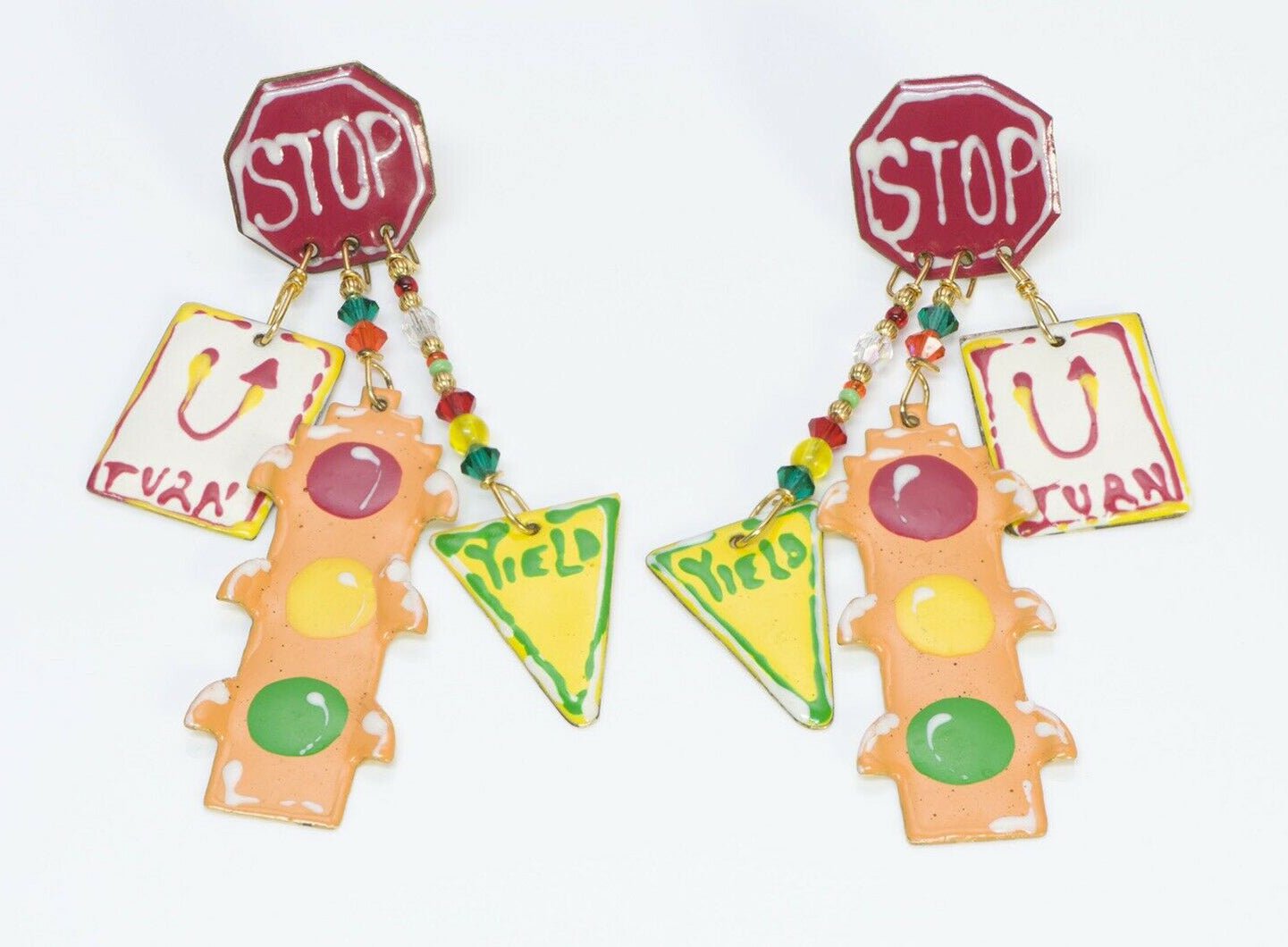 Lunch at the Ritz 1986 Long Enamel Traffic Light Stop Sign Earrings
