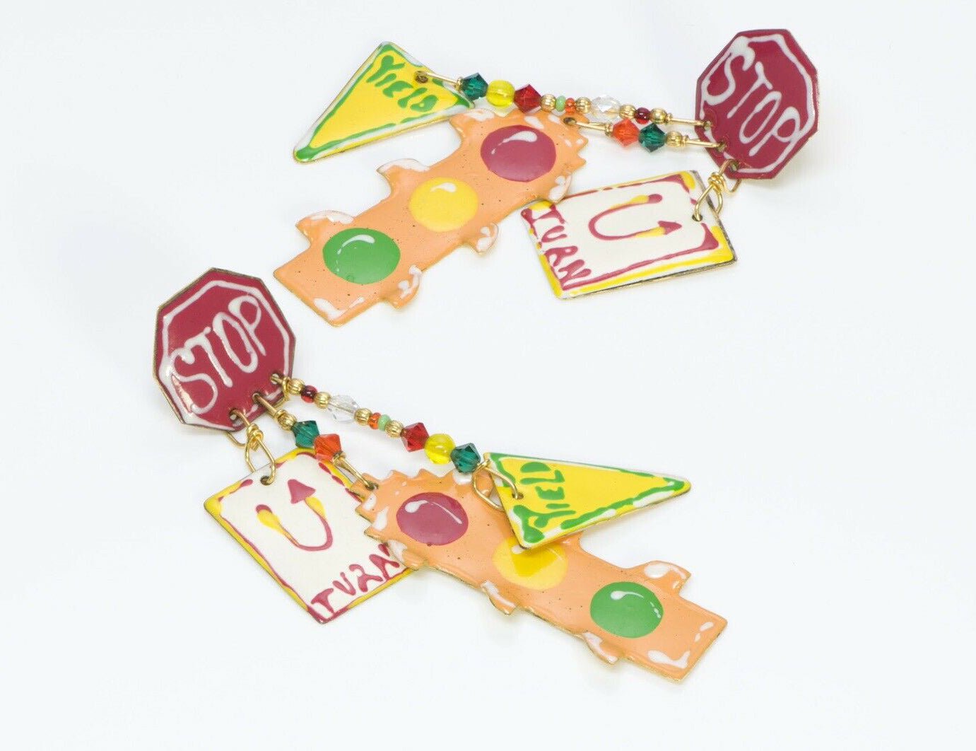 Lunch at the Ritz 1986 Long Enamel Traffic Light Stop Sign Earrings