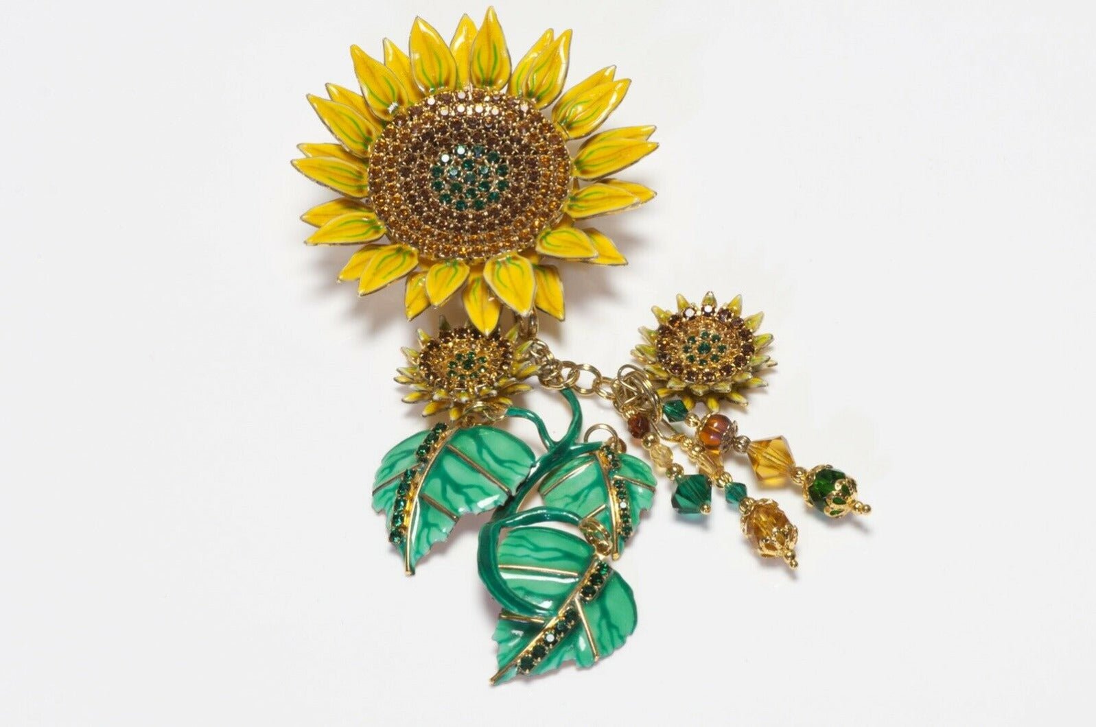 Lunch at the Ritz Yellow Green Enamel Crystal Sunflower Pendant Brooch