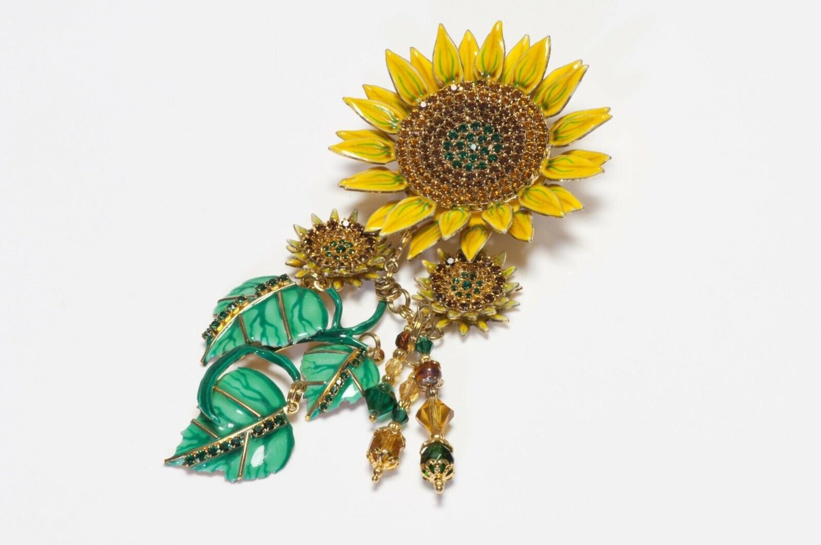 Lunch at the Ritz Yellow Green Enamel Crystal Sunflower Pendant Brooch