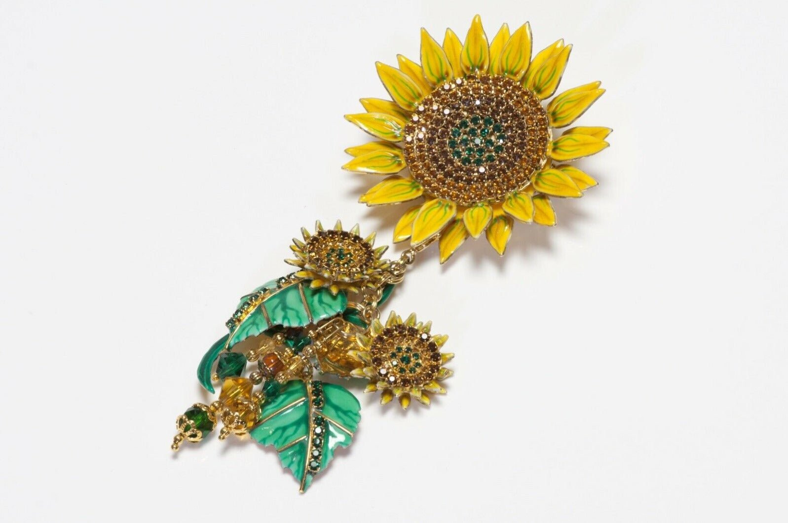 Lunch at the Ritz Yellow Green Enamel Crystal Sunflower Pendant Brooch