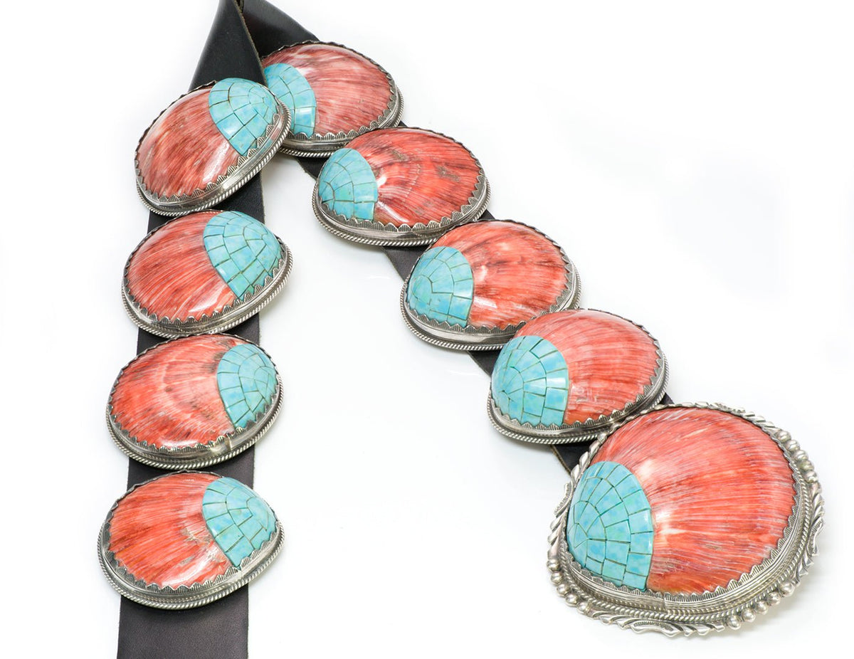Very Old Vintage Native American Turquoise/Spiny Oyster/Onyx Leather Concho Belt M. Begay Native American Navajo Sterling Spiny Oyster Concho  main image 4