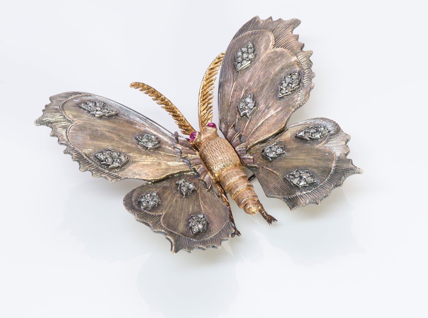 M. Buccellati 18K Gold Diamond Ruby Butterfly Brooch