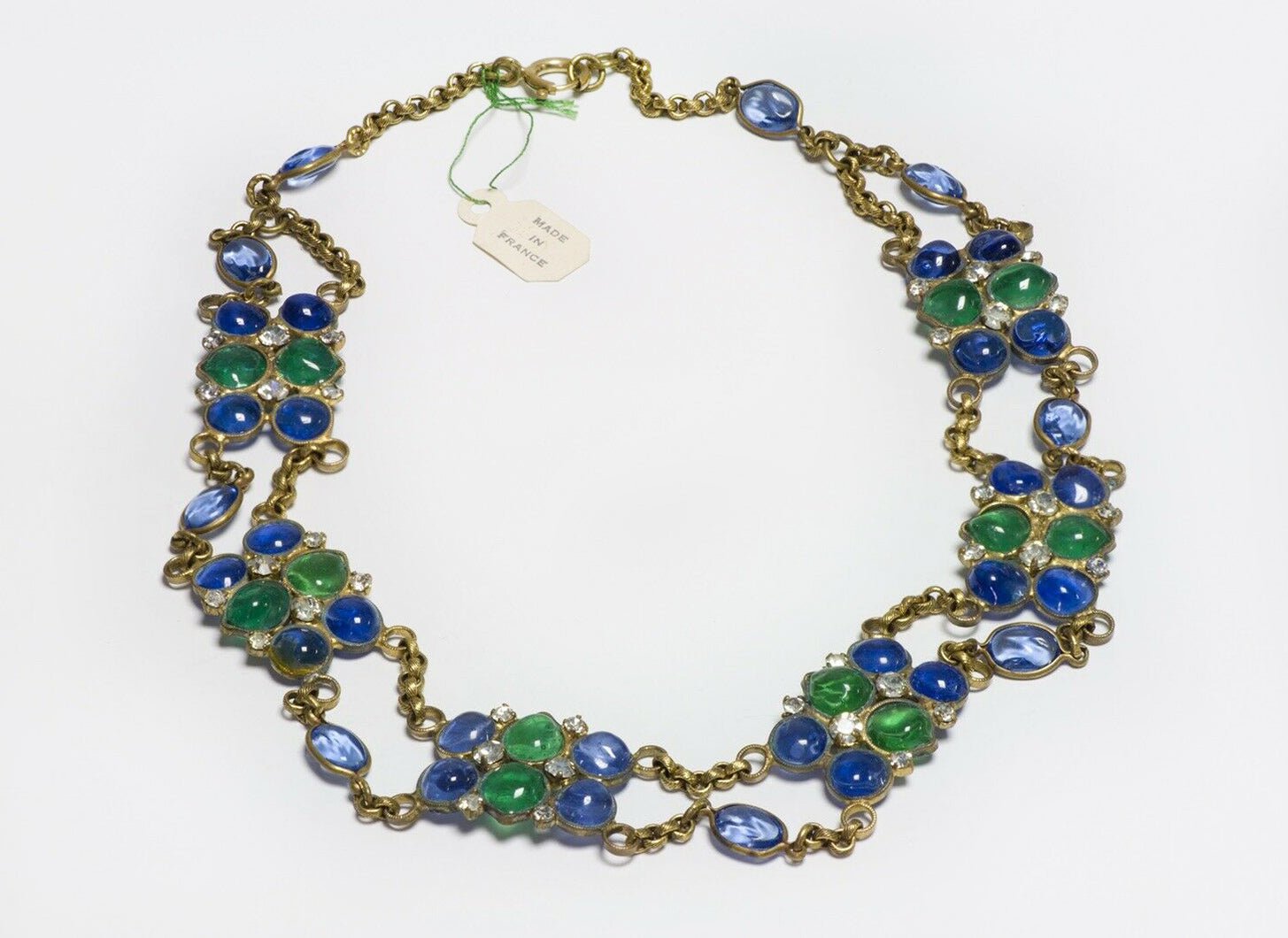 Maison Gripoix Paris 1960’s Blue Green Cabochon Glass Collar Chain Necklace