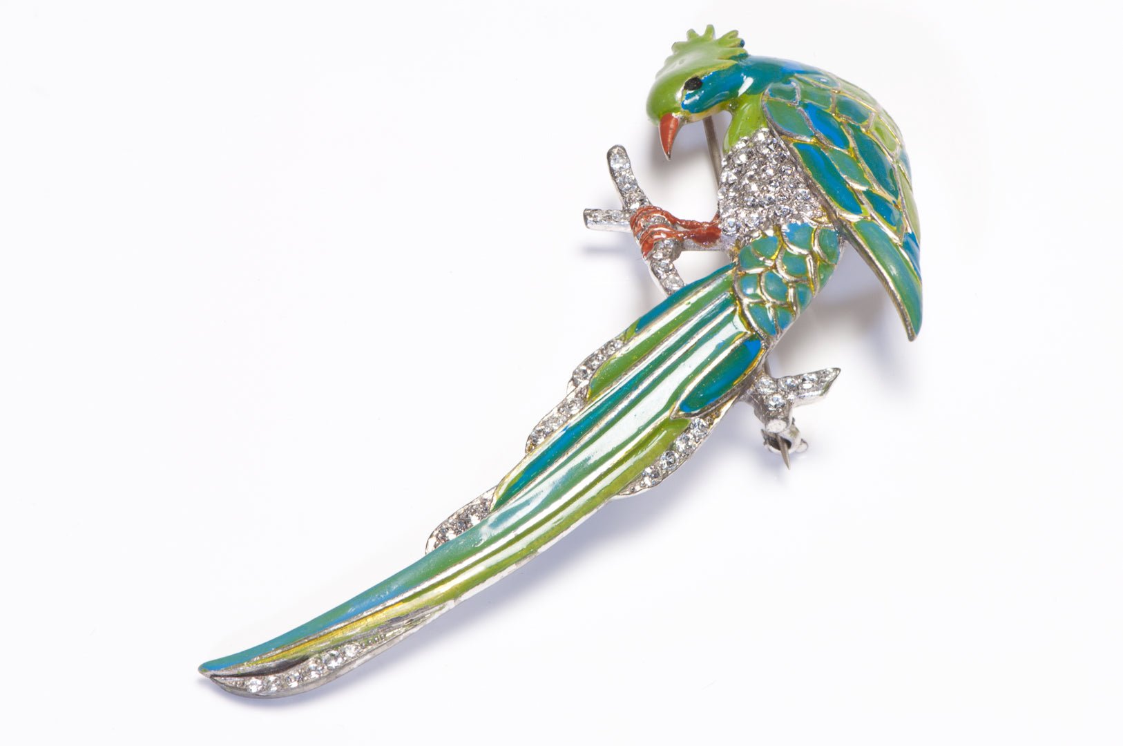 Marcel Boucher 1940’s Green Blue Enamel Crystal Bird of Paradise Brooch