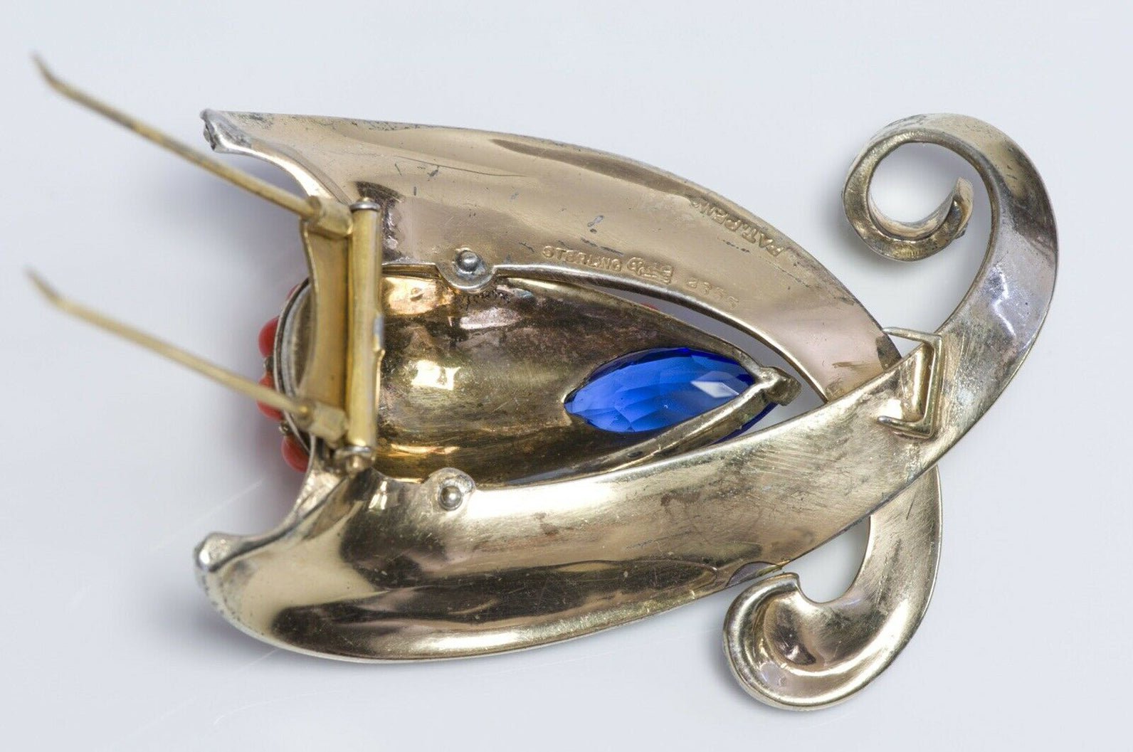 Marcel Boucher 1946 Sterling Silver Blue Crystal Faux Coral Clip Brooch